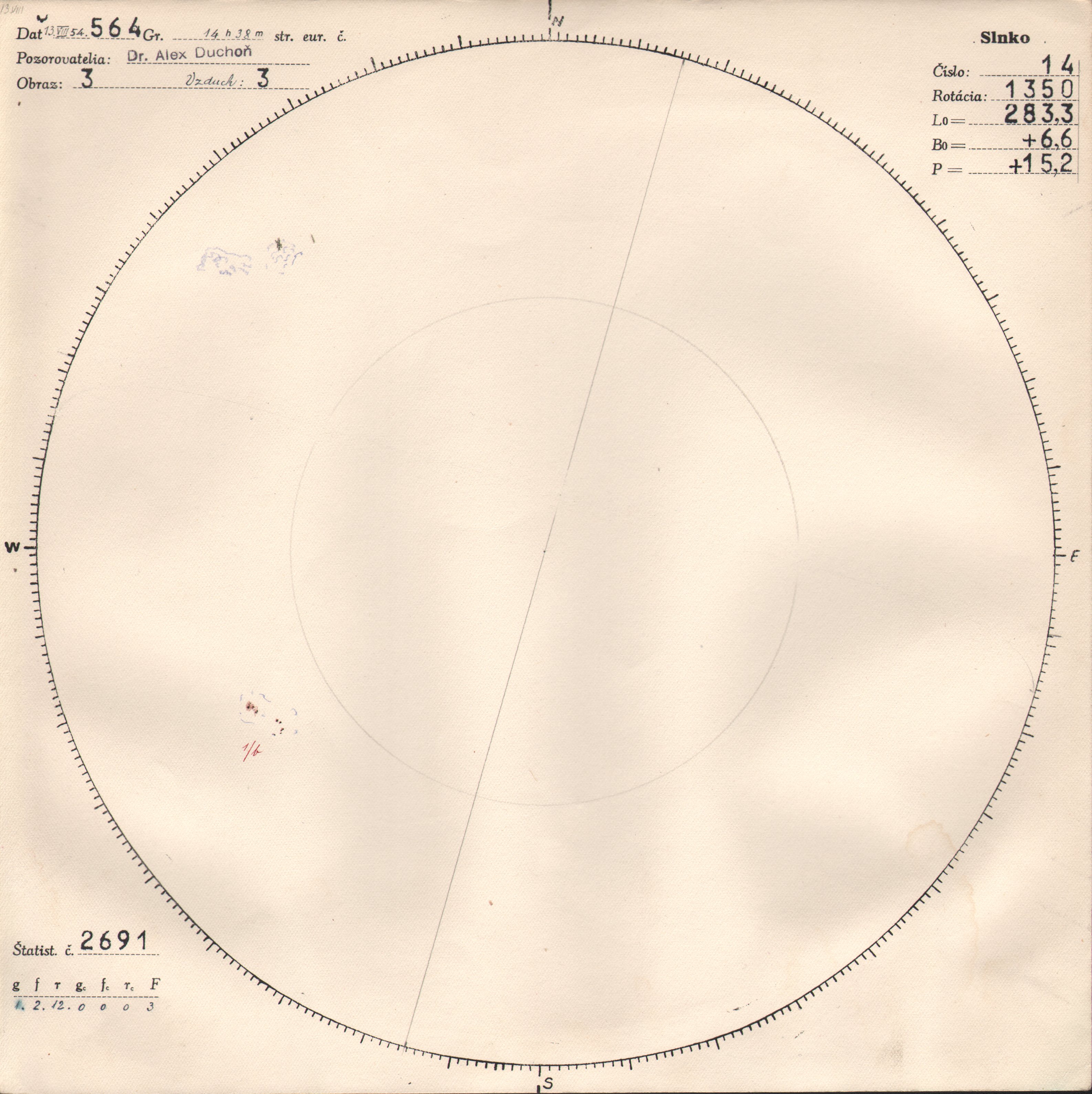 Obrázok zákresu Slnka na deň 13.08.1954