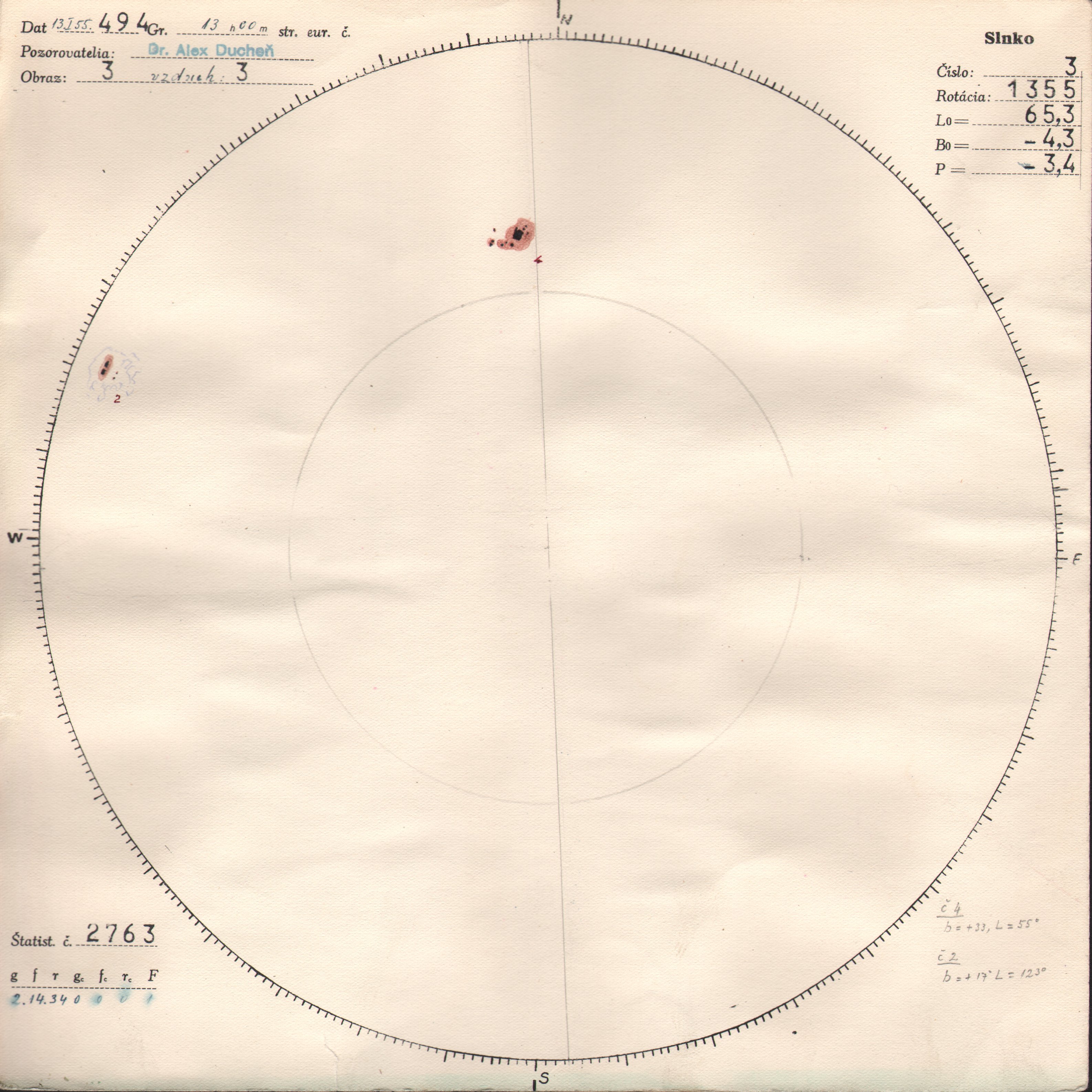 Obrázok zákresu Slnka na deň 13.01.1955