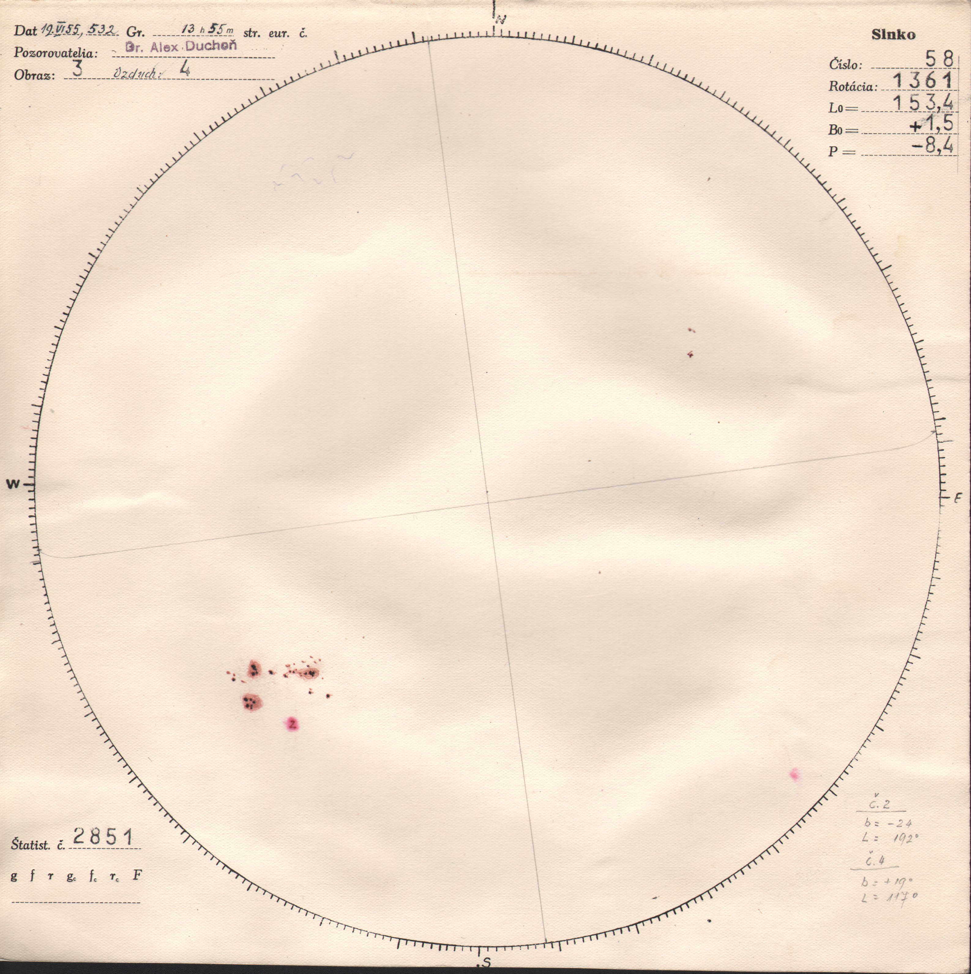 Obrázok zákresu Slnka na deň 19.06.1955