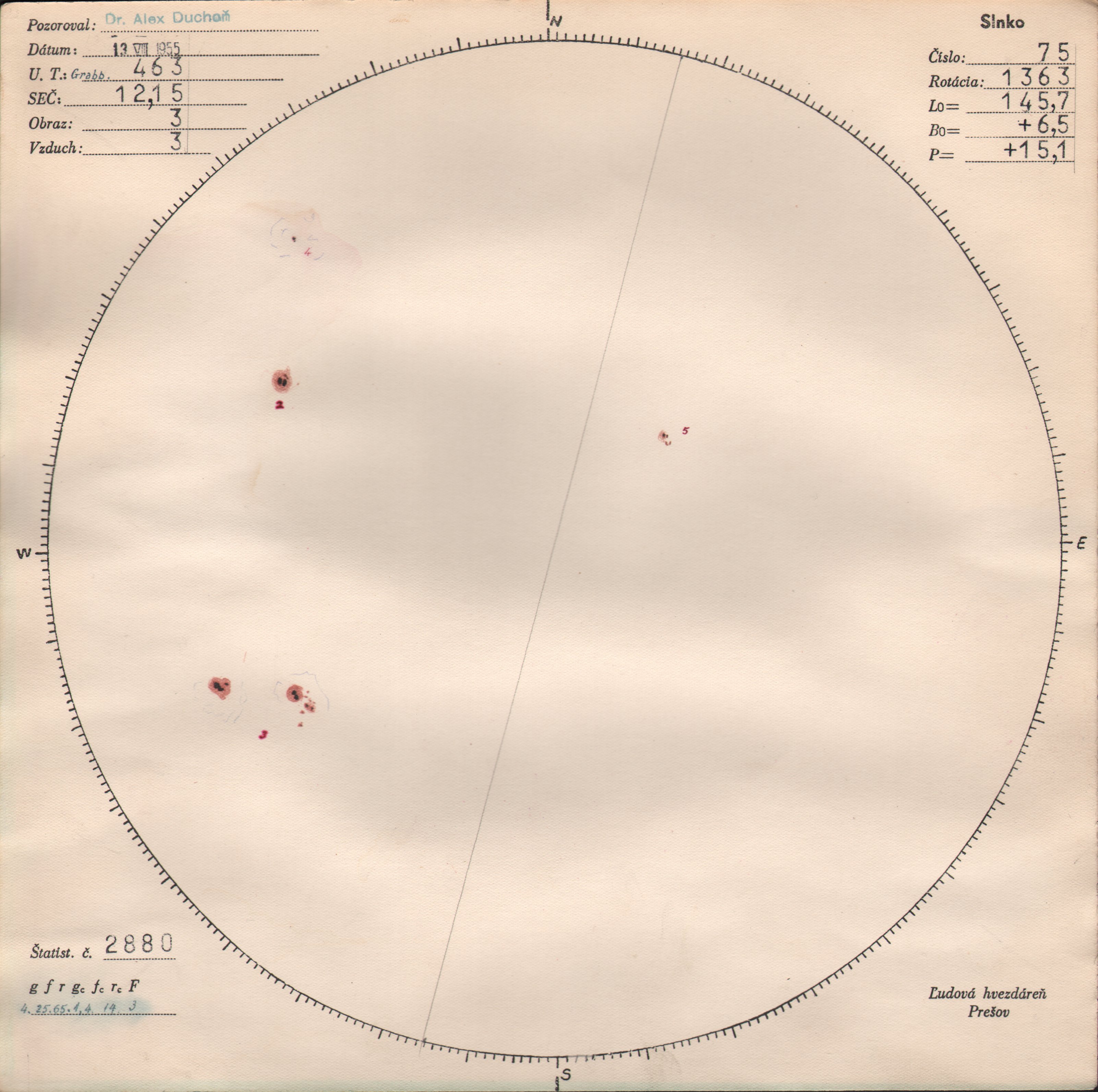 Obrázok zákresu Slnka na deň 13.08.1955