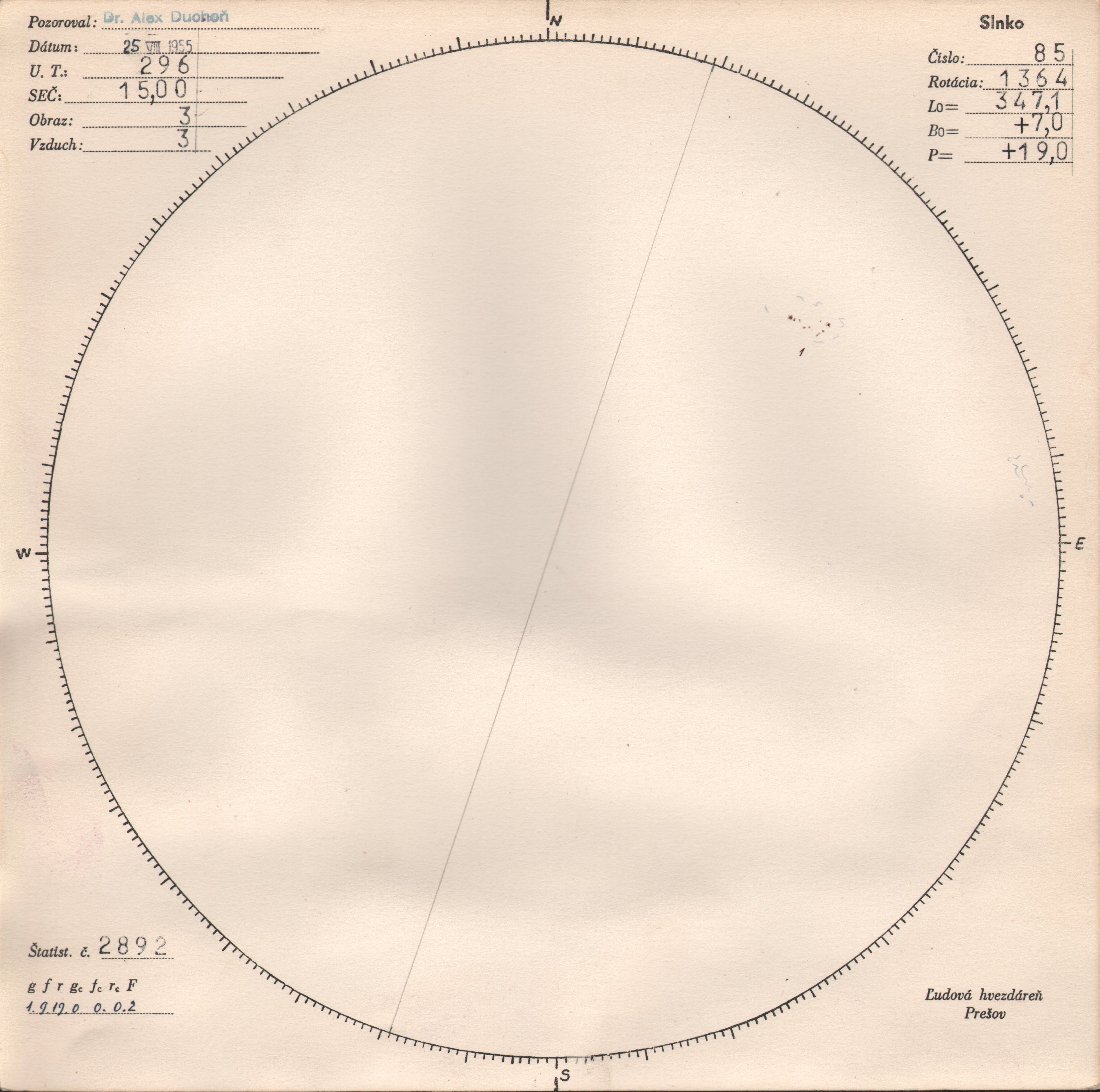 Obrázok zákresu Slnka na deň 25.08.1955