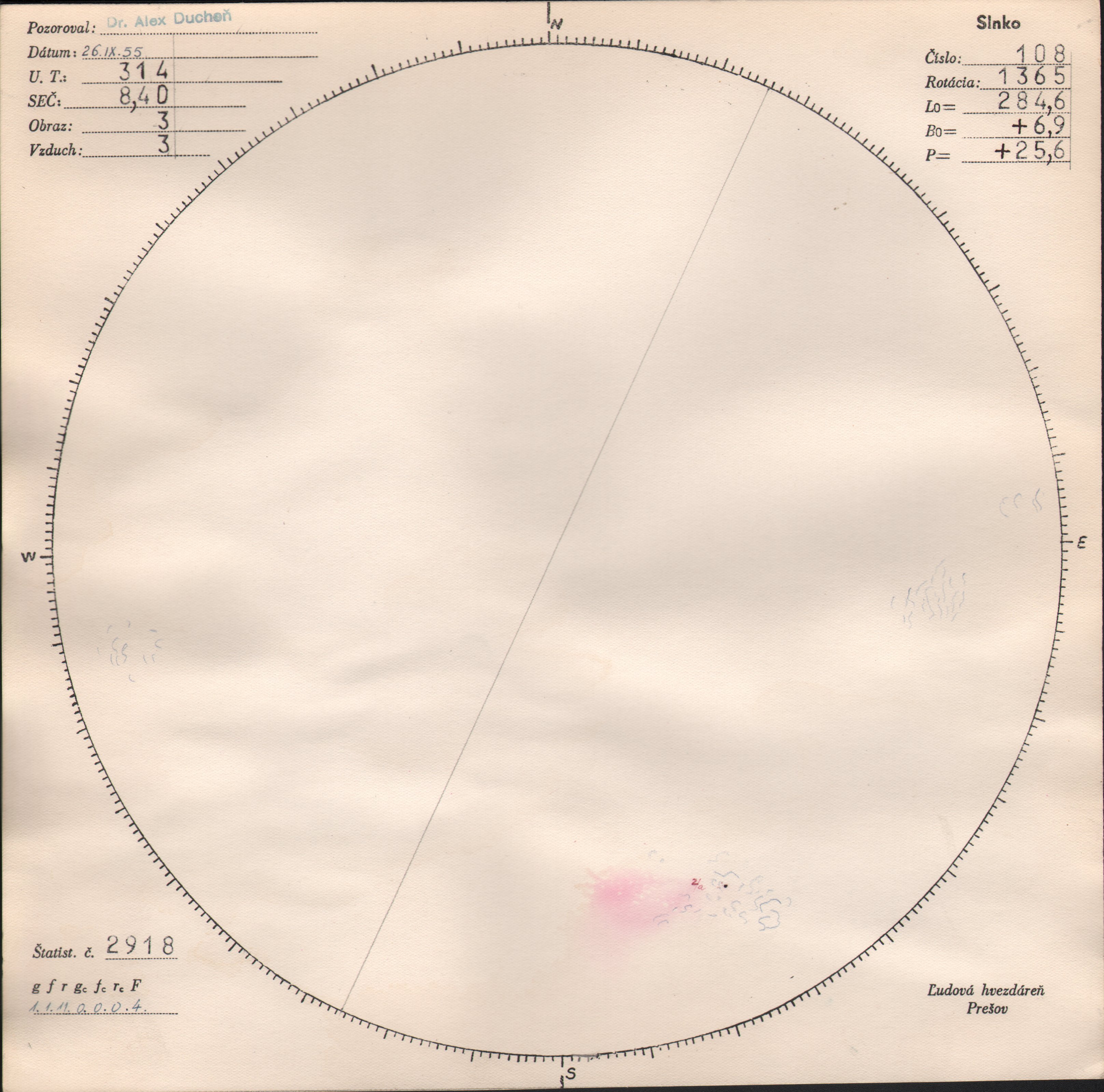 Obrázok zákresu Slnka na deň 26.09.1955