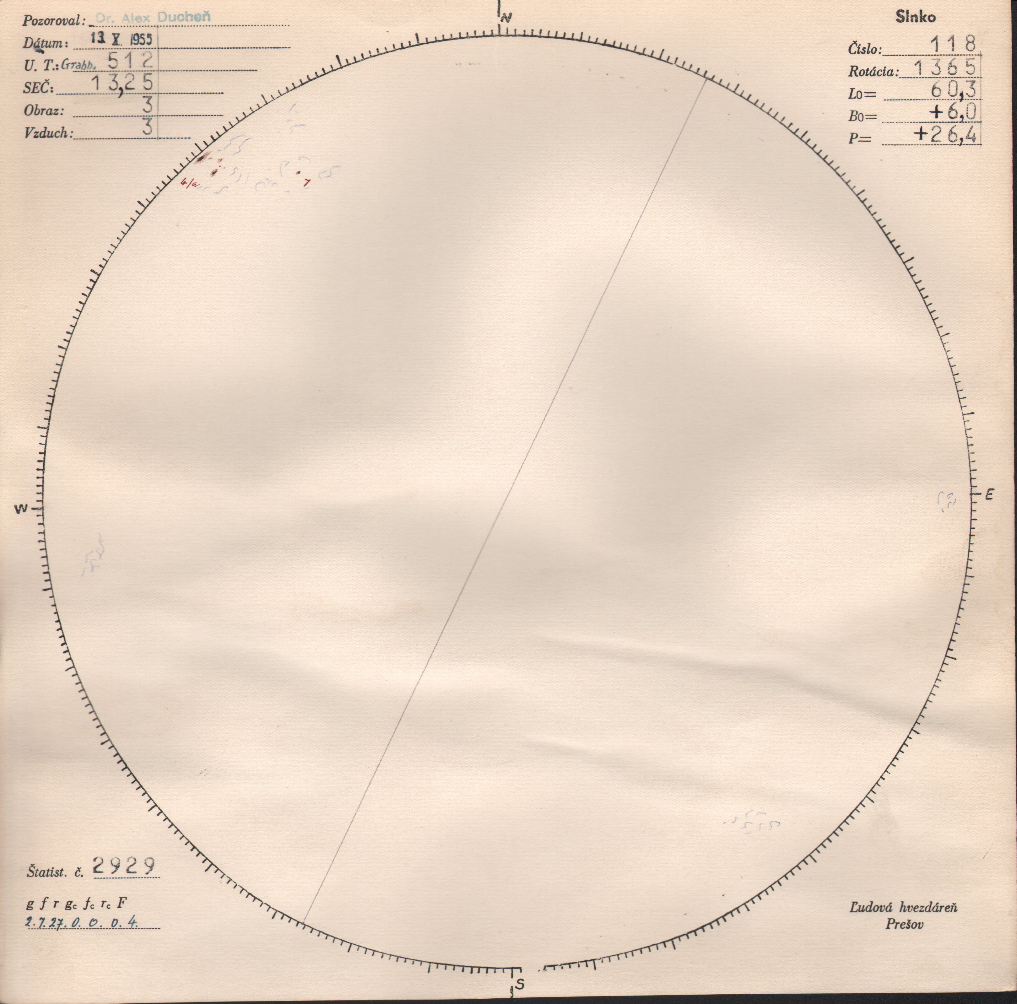 Obrázok zákresu Slnka na deň 13.10.1955