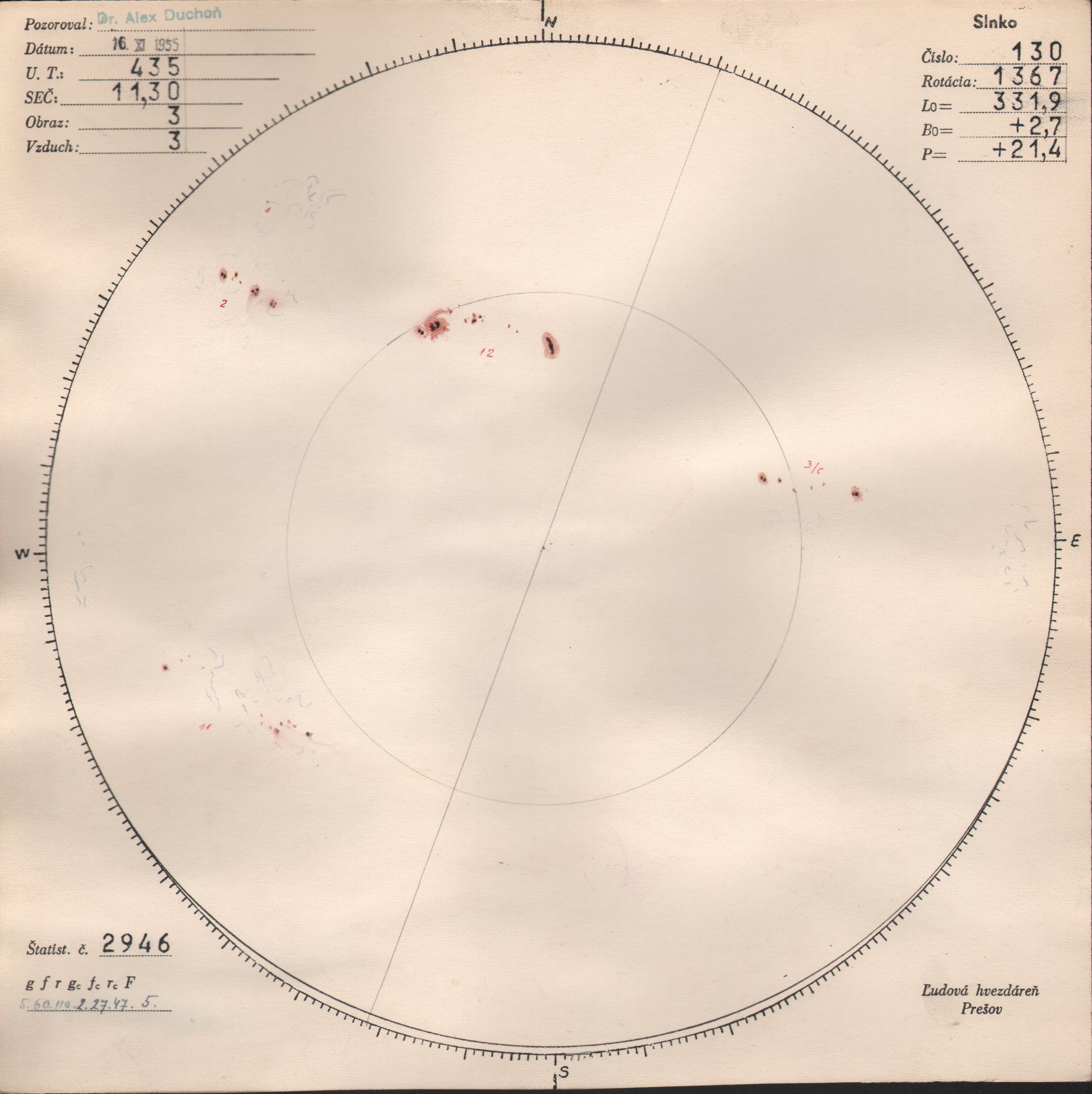 Obrázok zákresu Slnka na deň 16.11.1955
