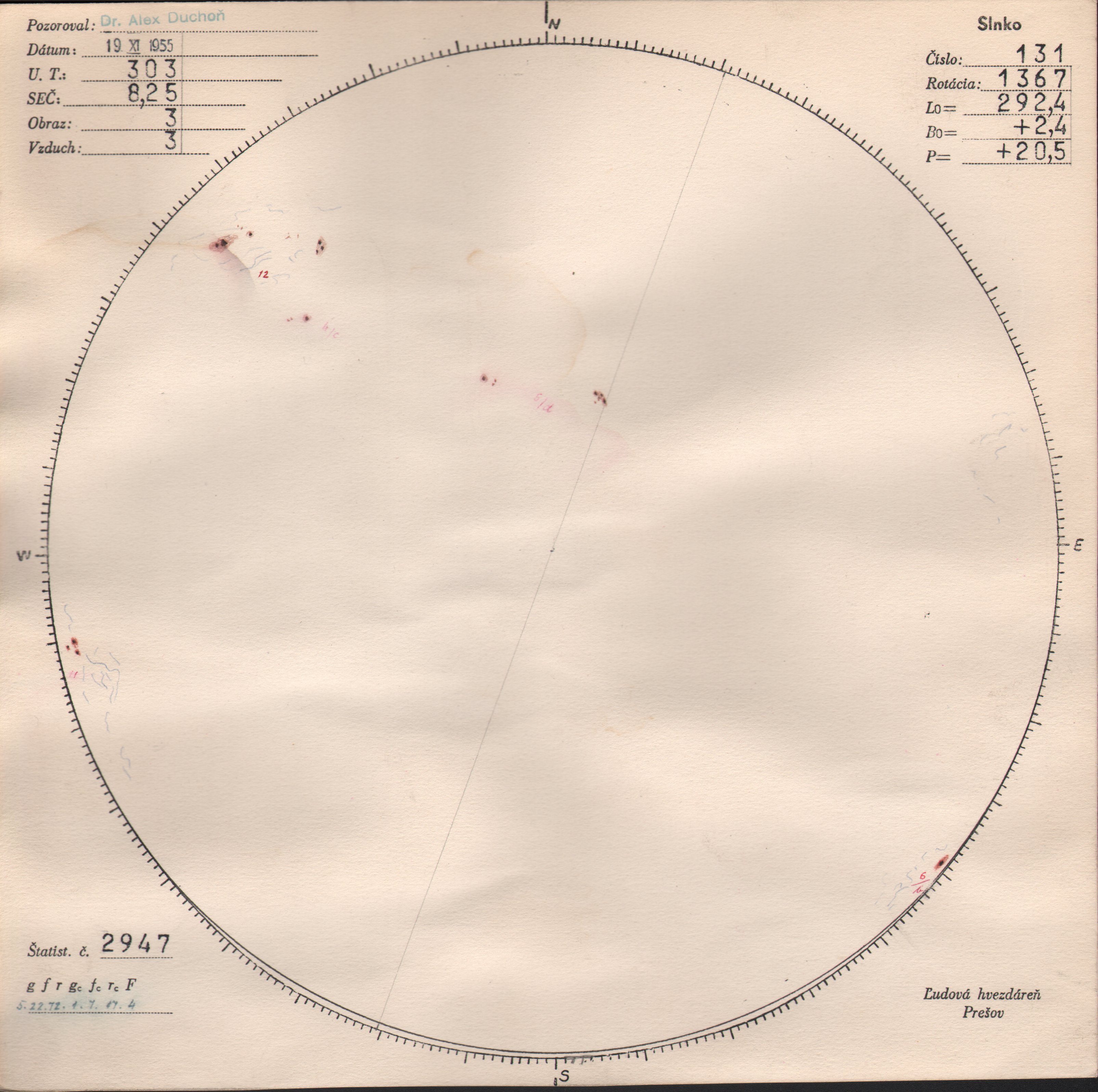 Obrázok zákresu Slnka na deň 19.11.1955