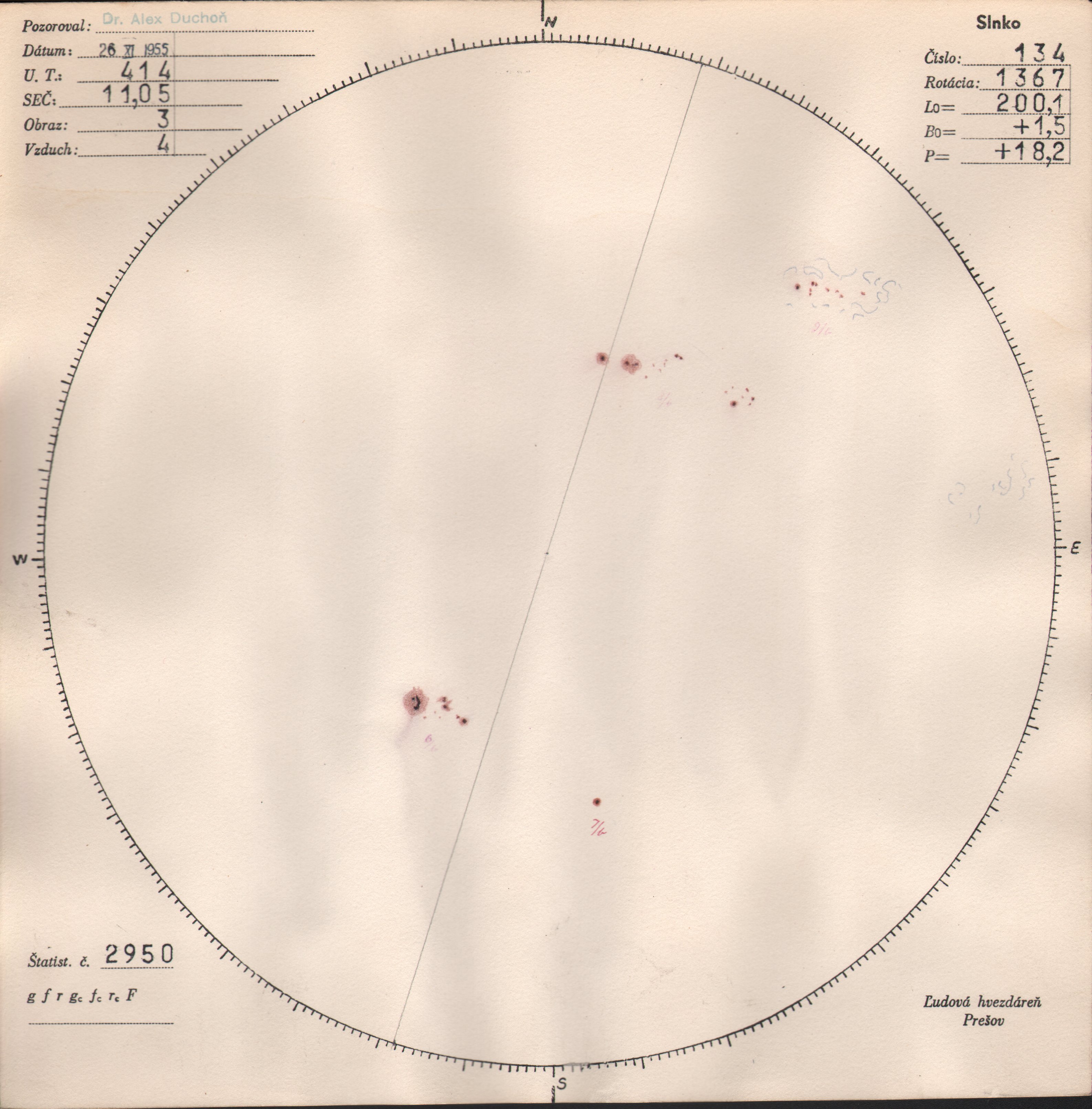Obrázok zákresu Slnka na deň 26.11.1955