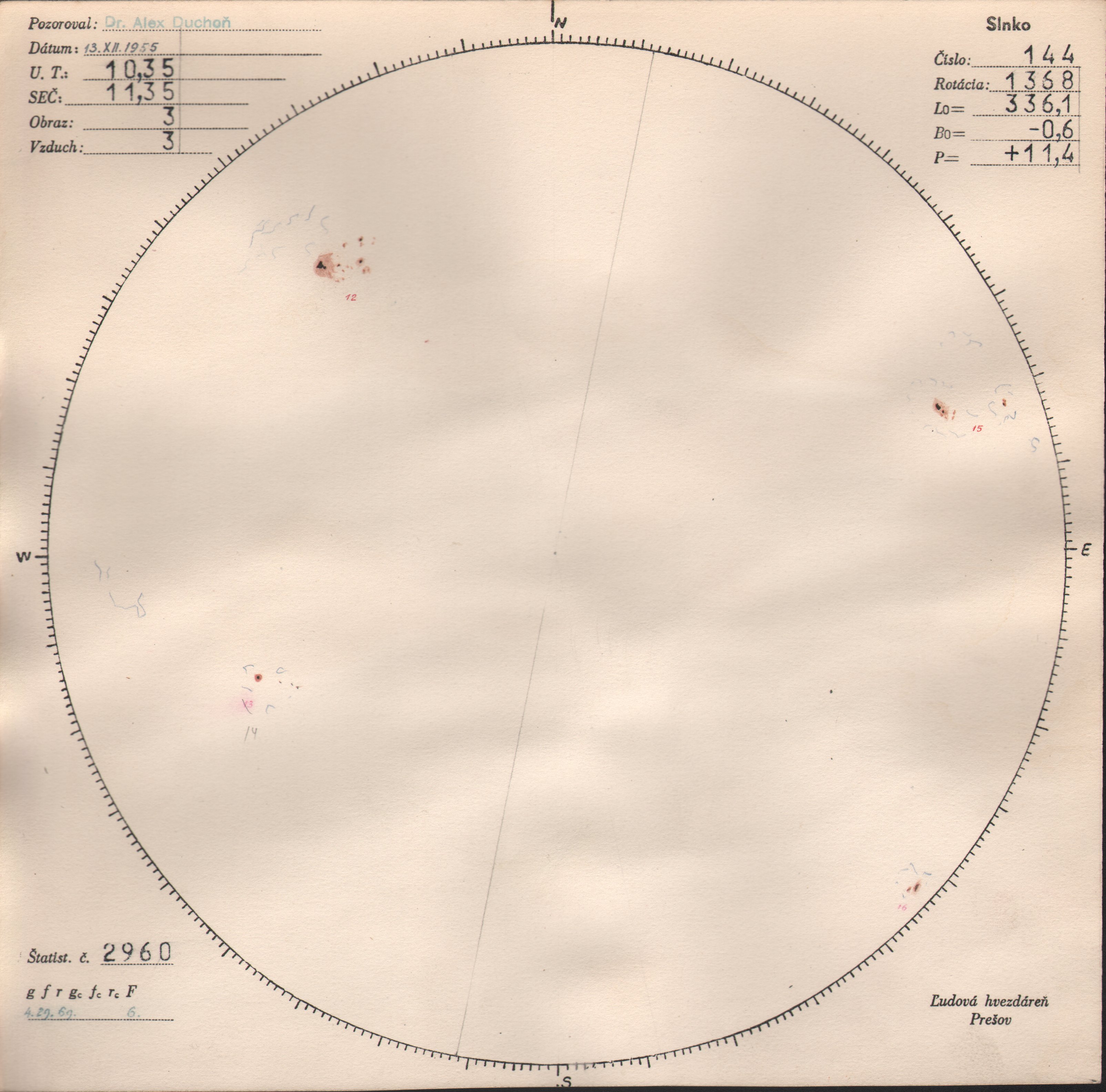 Obrázok zákresu Slnka na deň 13.12.1955