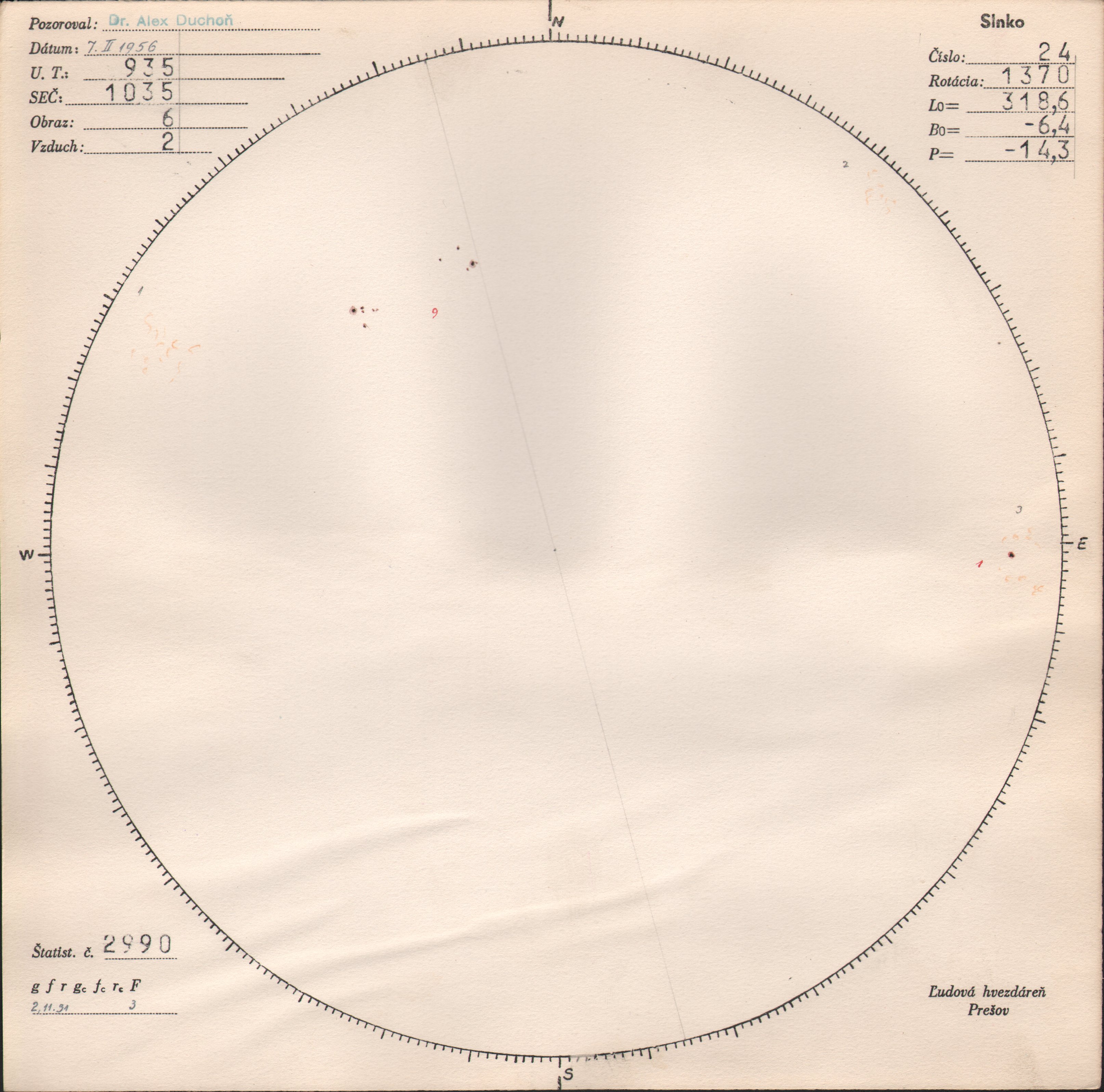 Obrázok zákresu Slnka na deň 07.02.1956