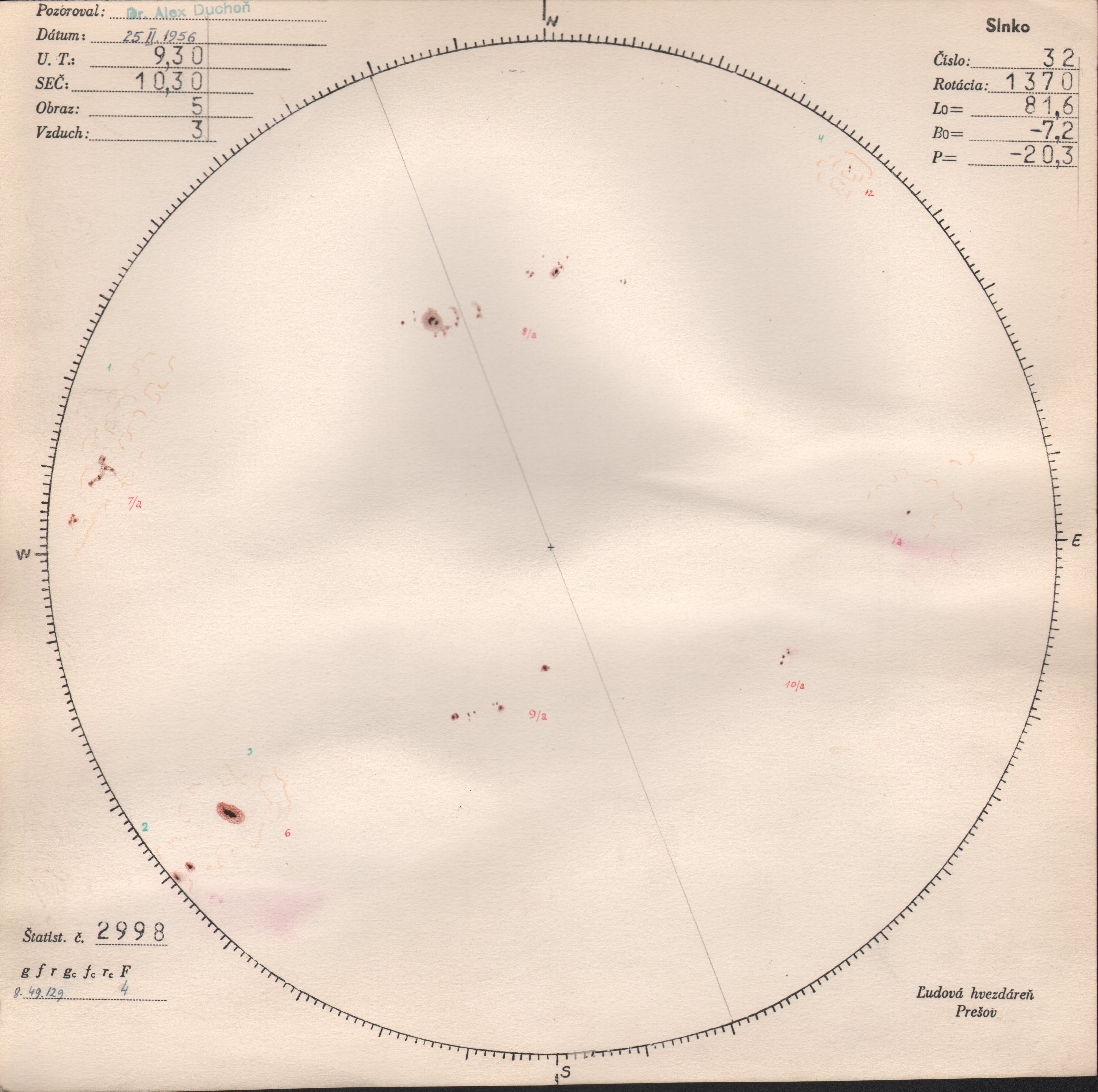 Obrázok zákresu Slnka na deň 25.02.1956