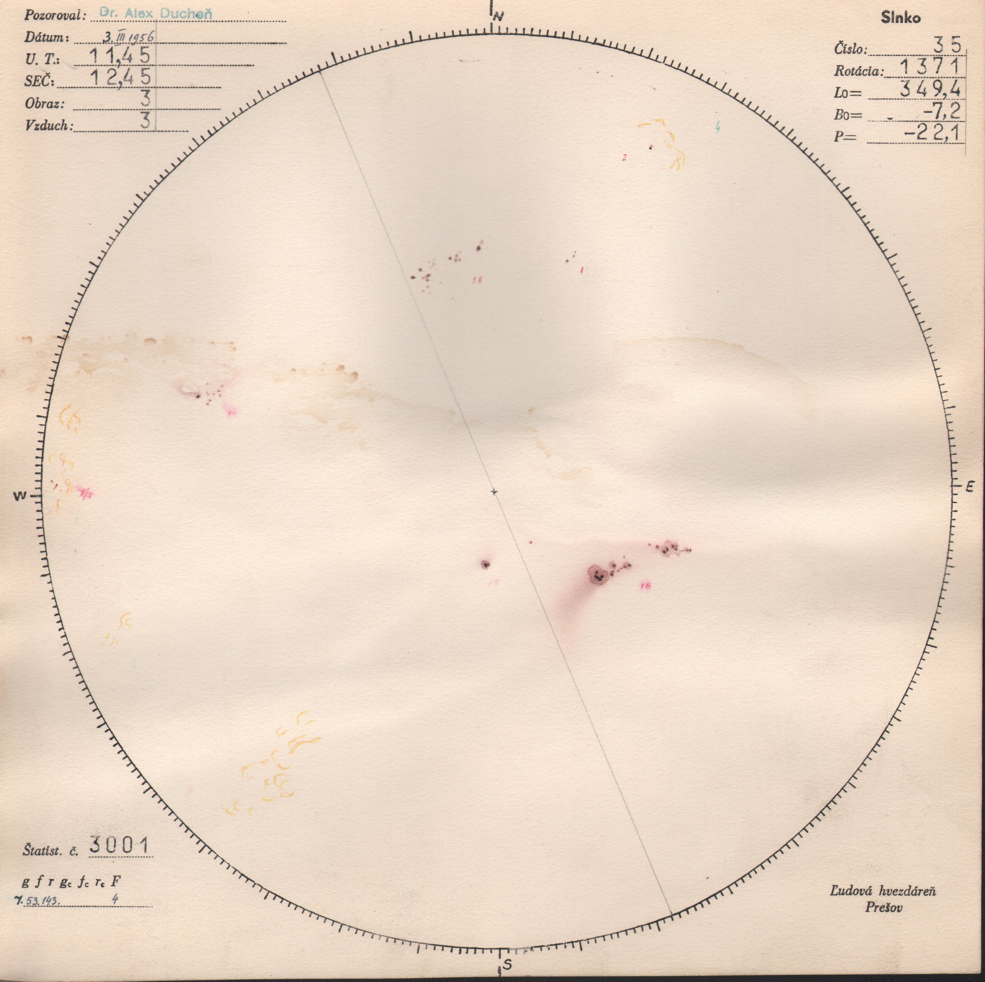 Obrázok zákresu Slnka na deň 03.03.1956