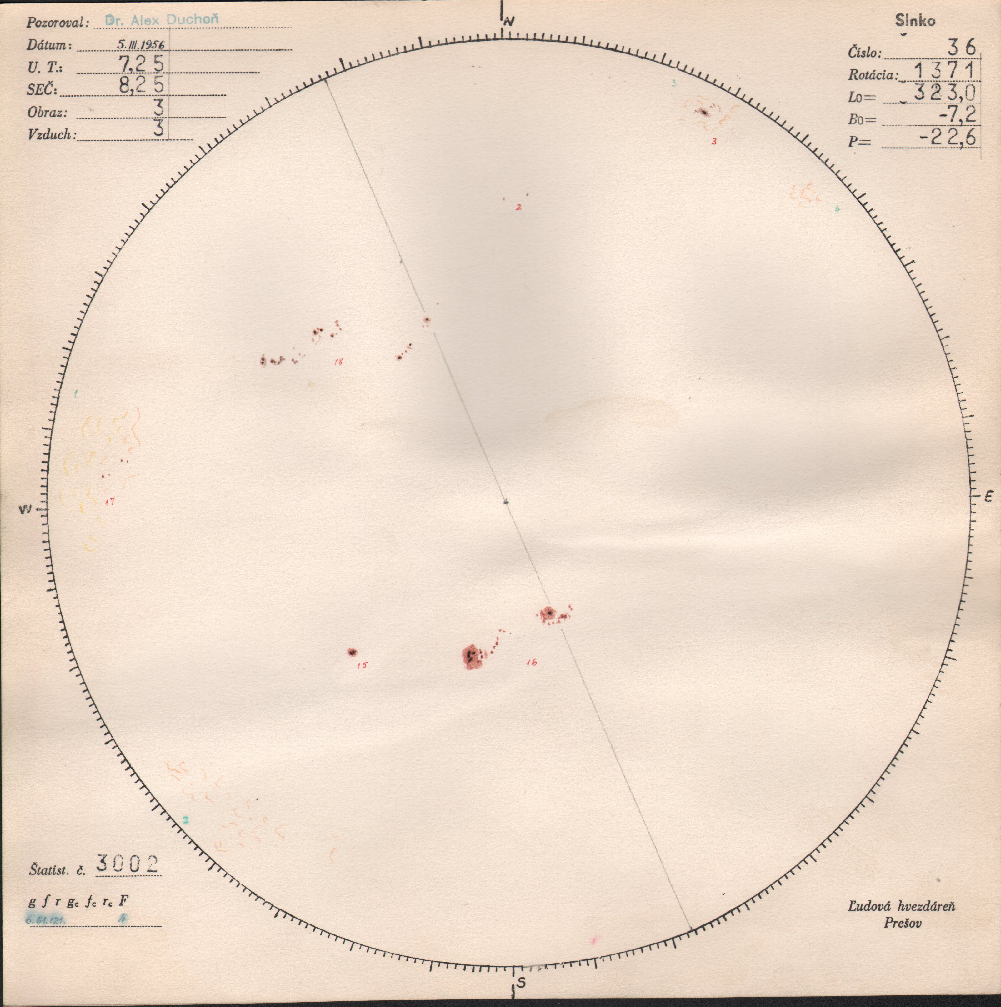 Obrázok zákresu Slnka na deň 05.03.1956