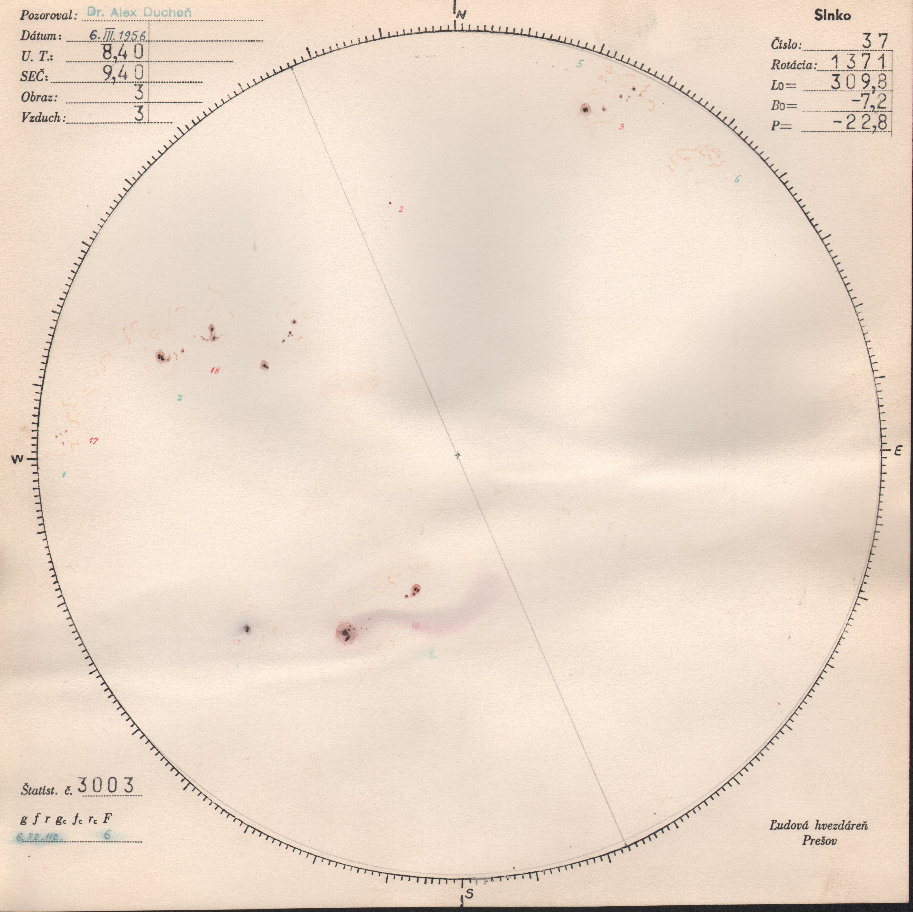 Obrázok zákresu Slnka na deň 06.03.1956