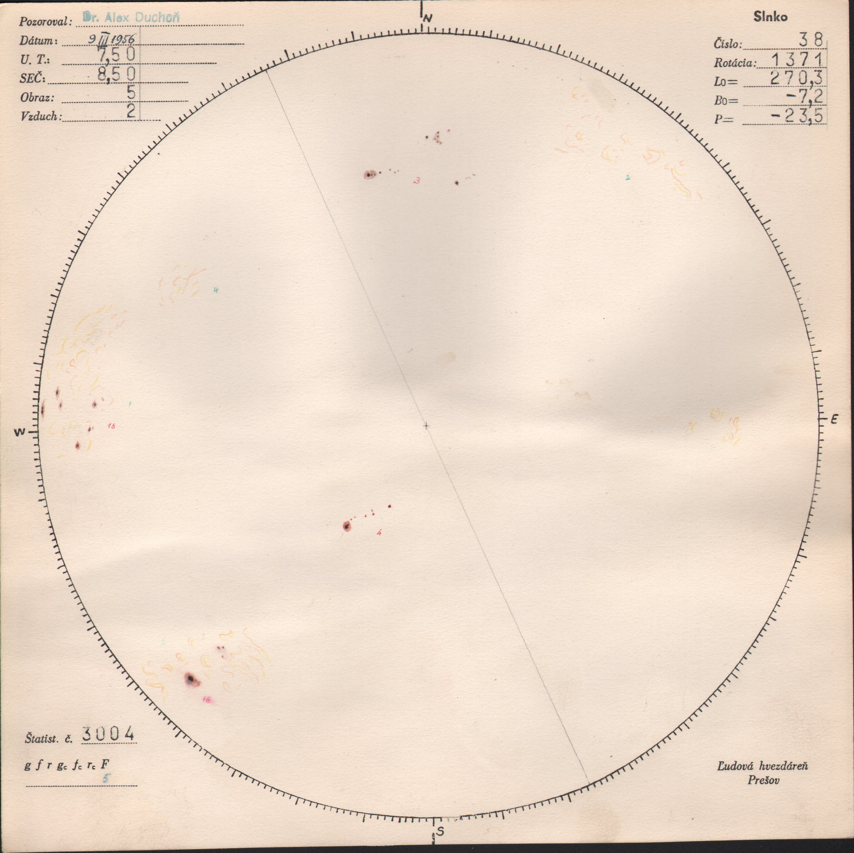Obrázok zákresu Slnka na deň 09.03.1956