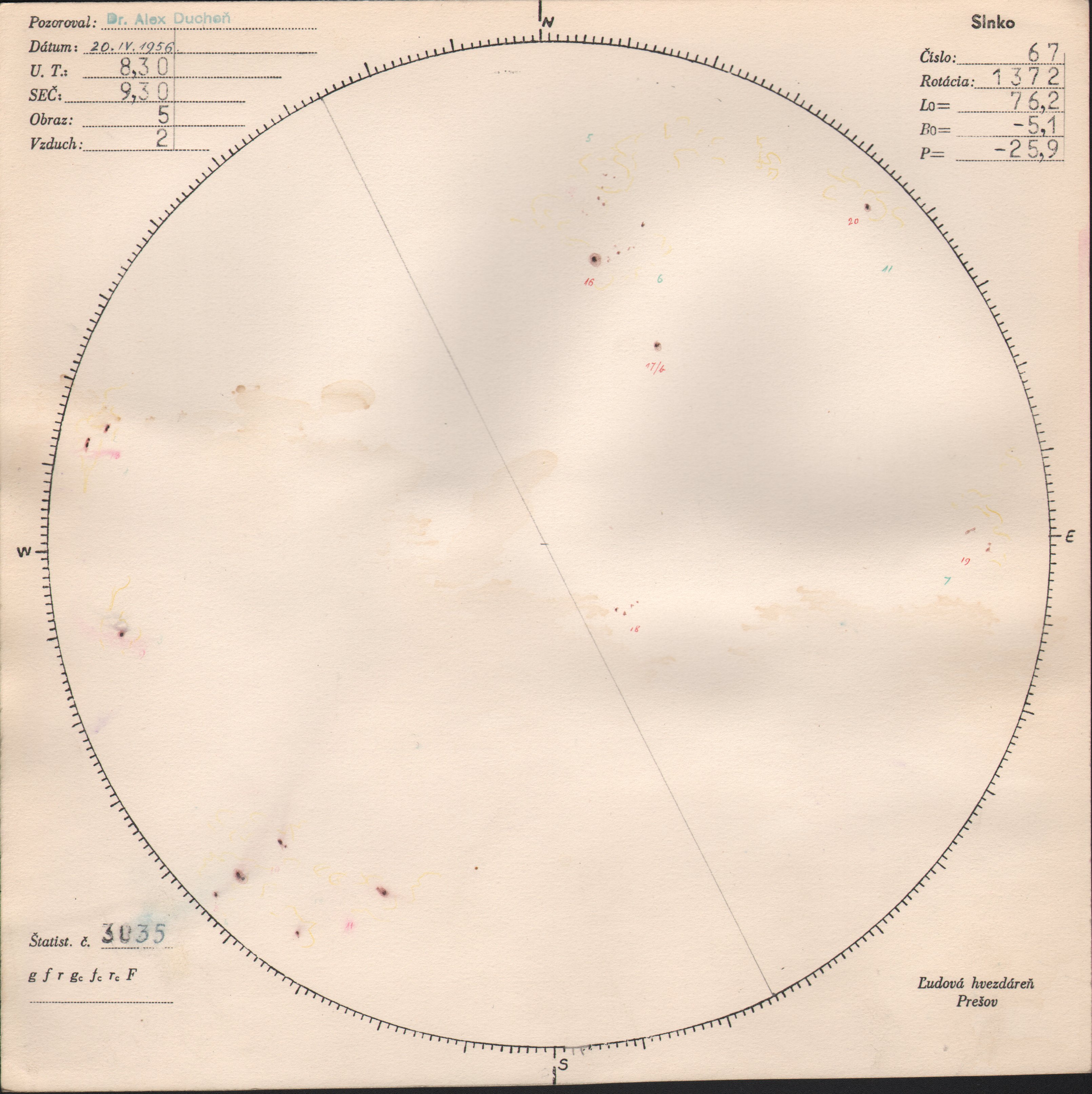 Obrázok zákresu Slnka na deň 20.04.1956