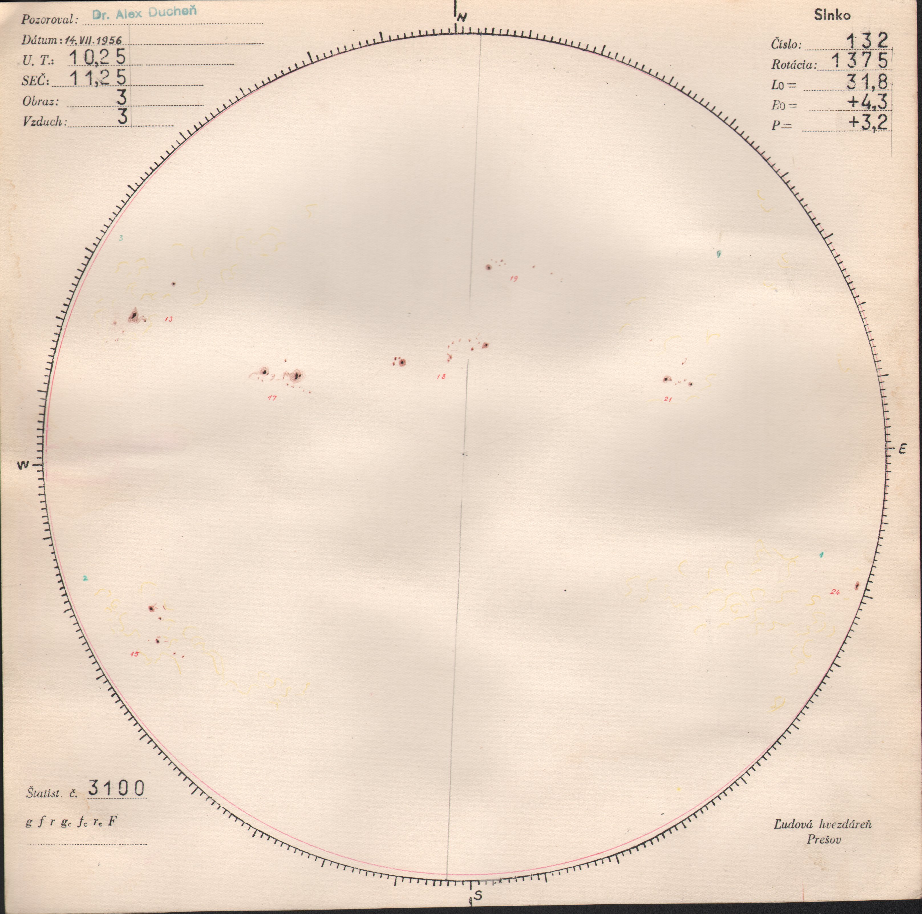 Obrázok zákresu Slnka na deň 14.07.1956