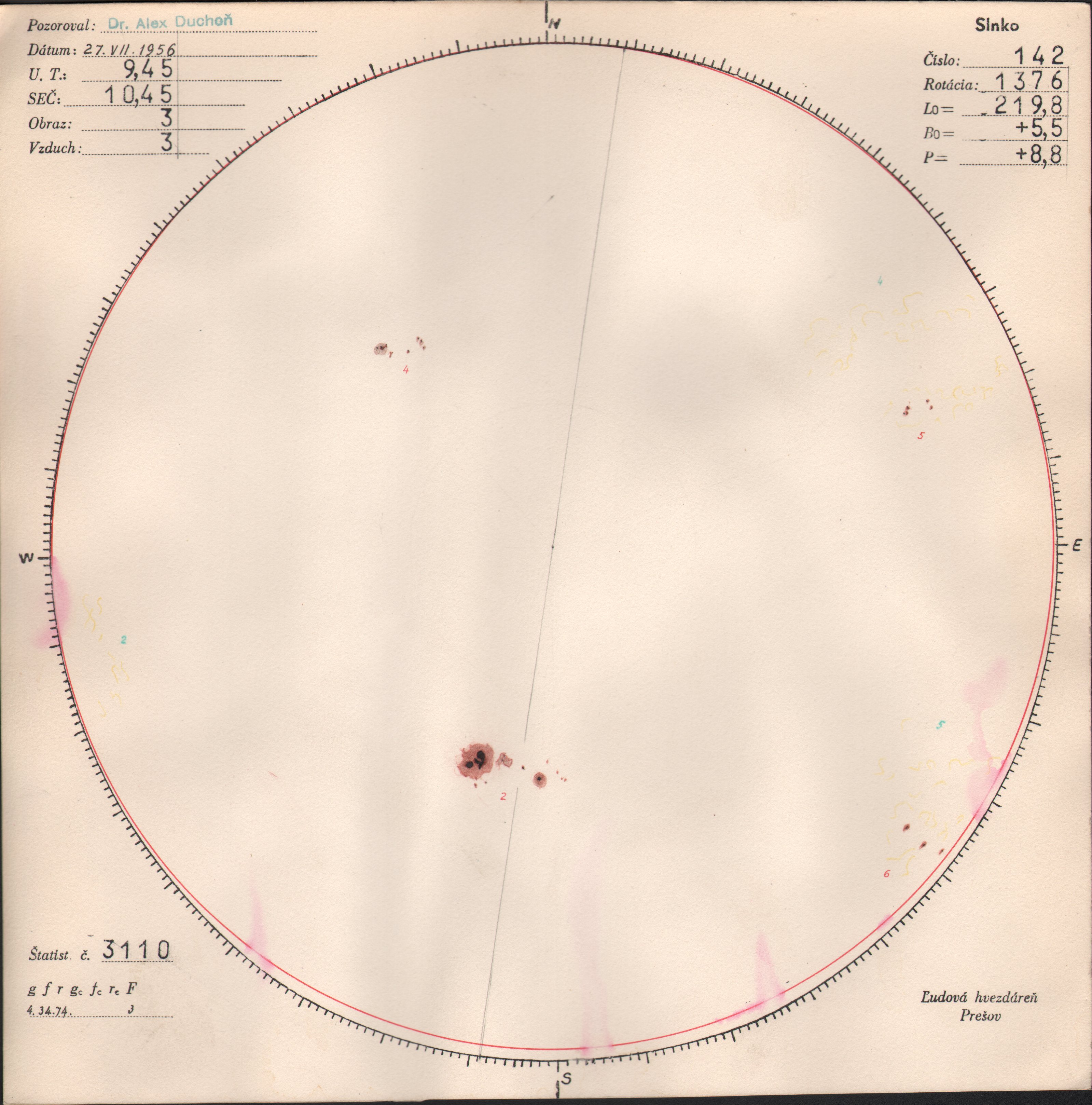 Obrázok zákresu Slnka na deň 27.07.1956