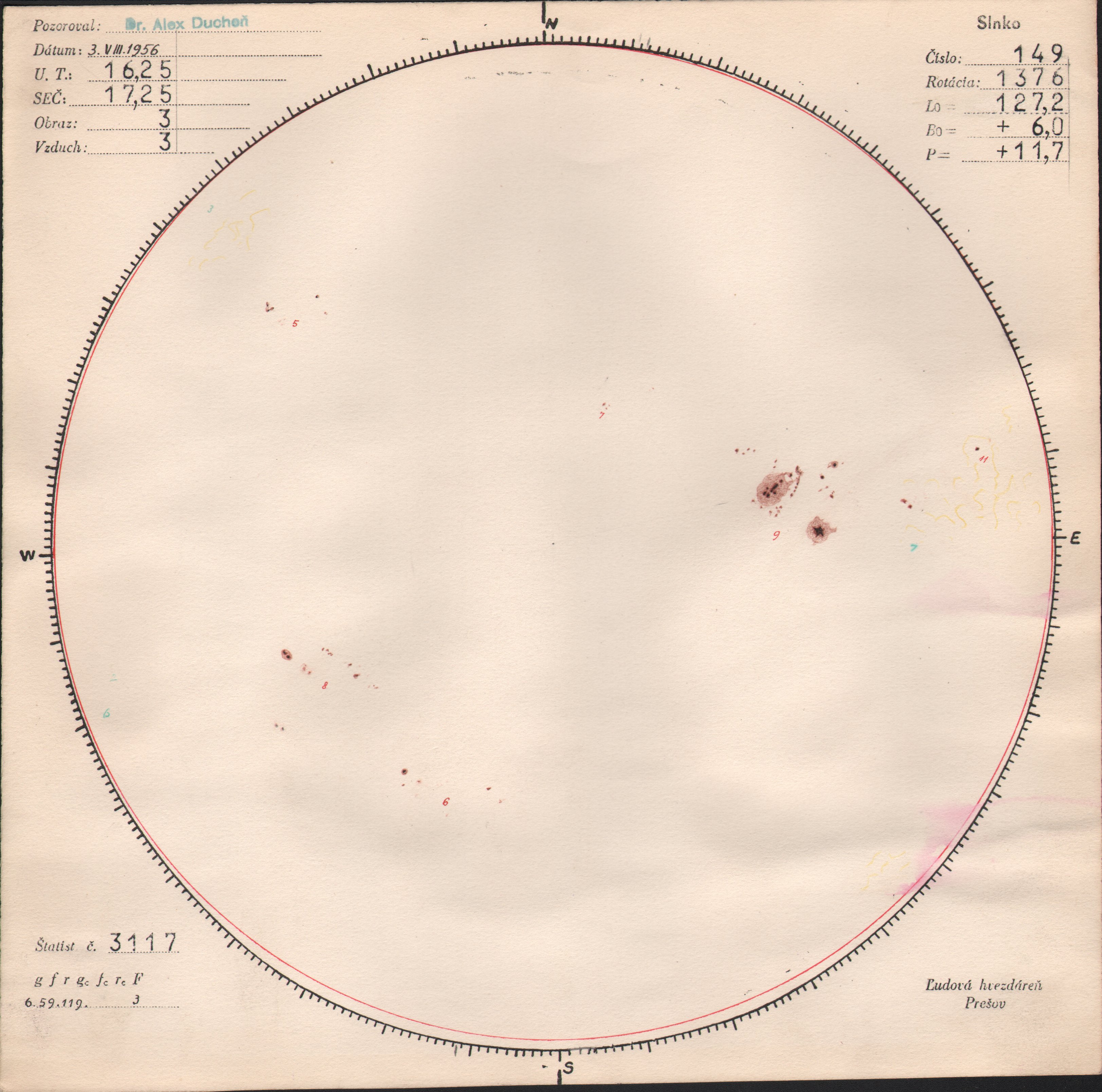 Obrázok zákresu Slnka na deň 03.08.1956