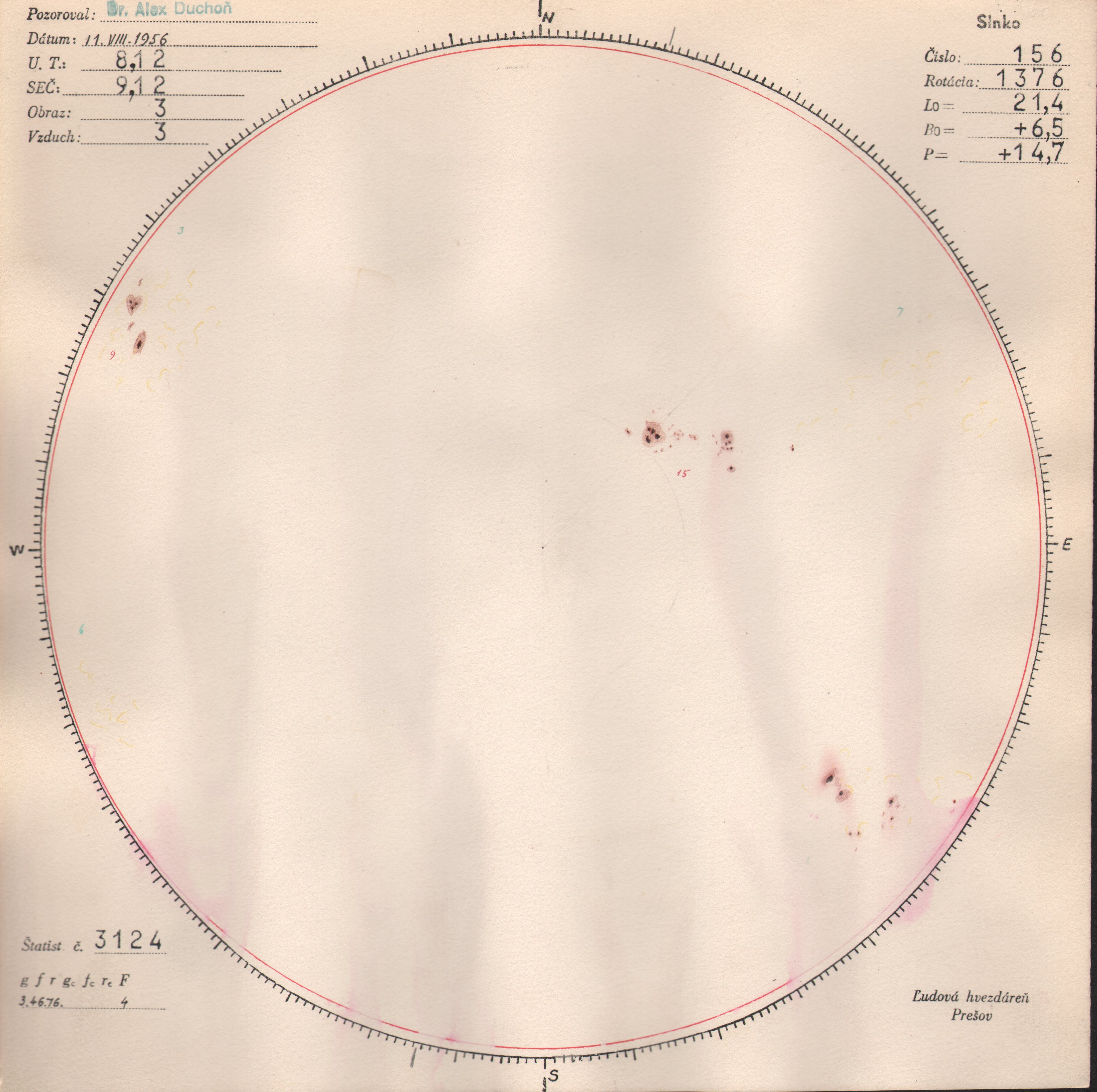Obrázok zákresu Slnka na deň 11.08.1956
