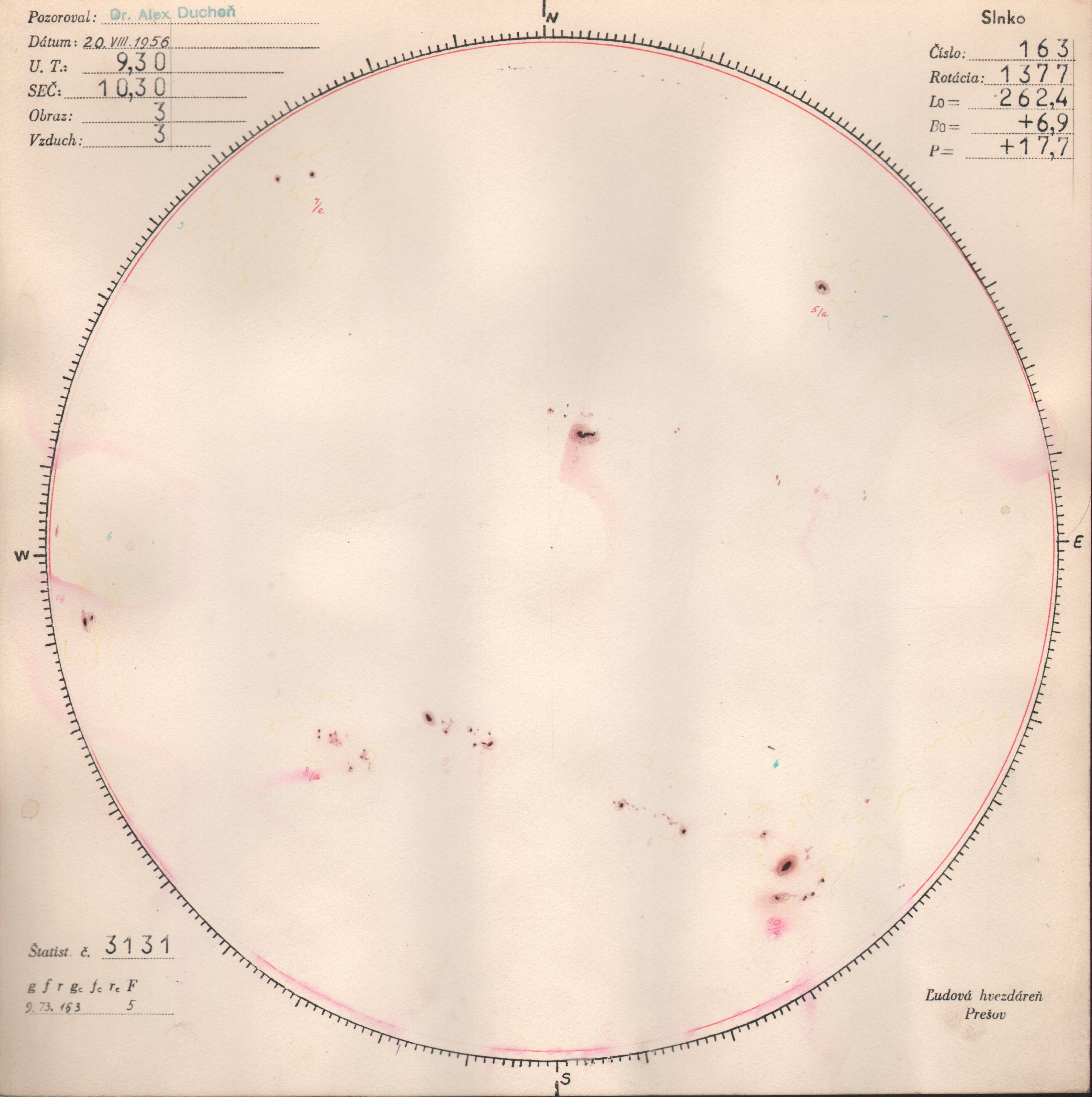 Obrázok zákresu Slnka na deň 20.08.1956