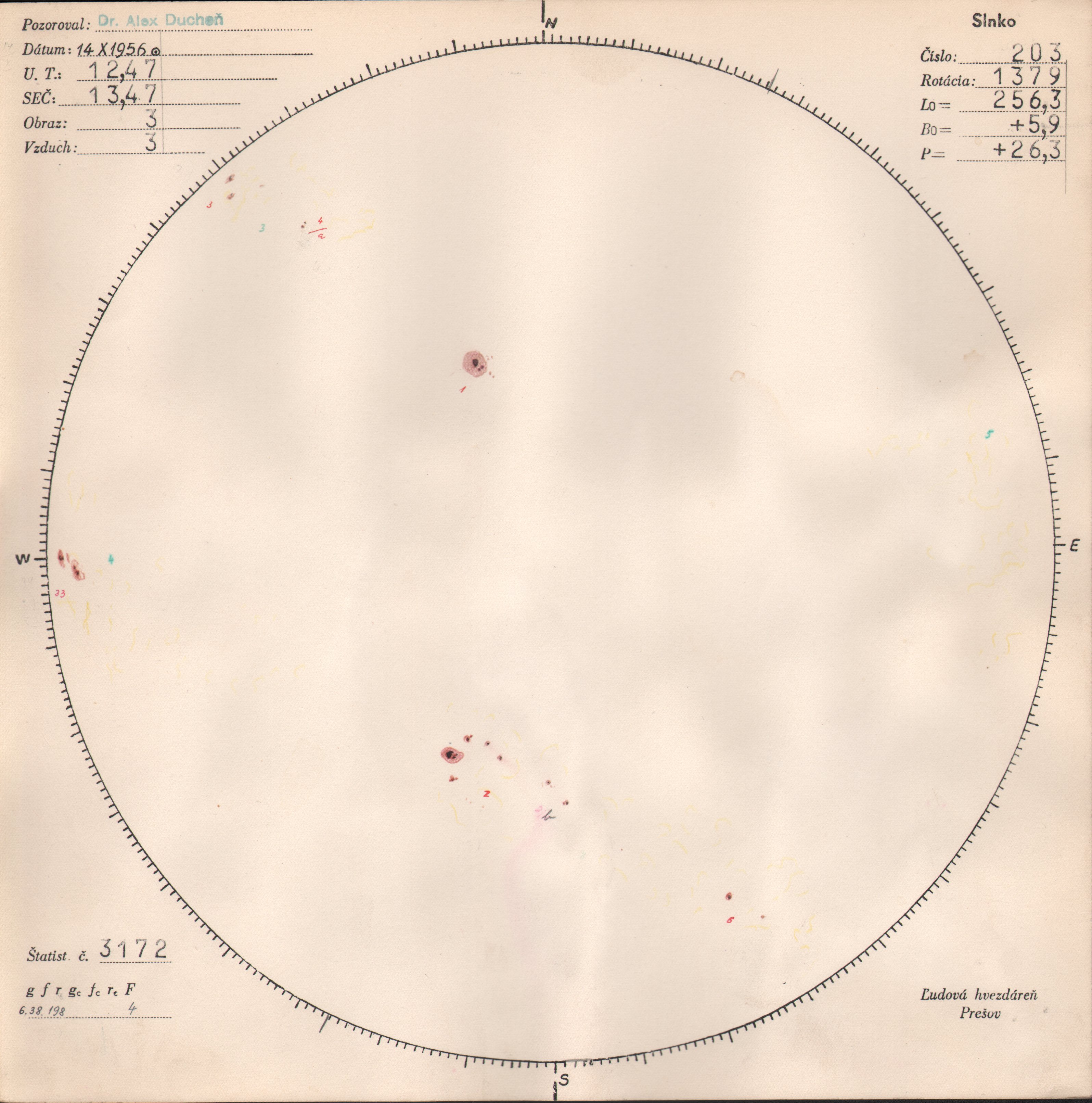 Obrázok zákresu Slnka na deň 14.10.1956