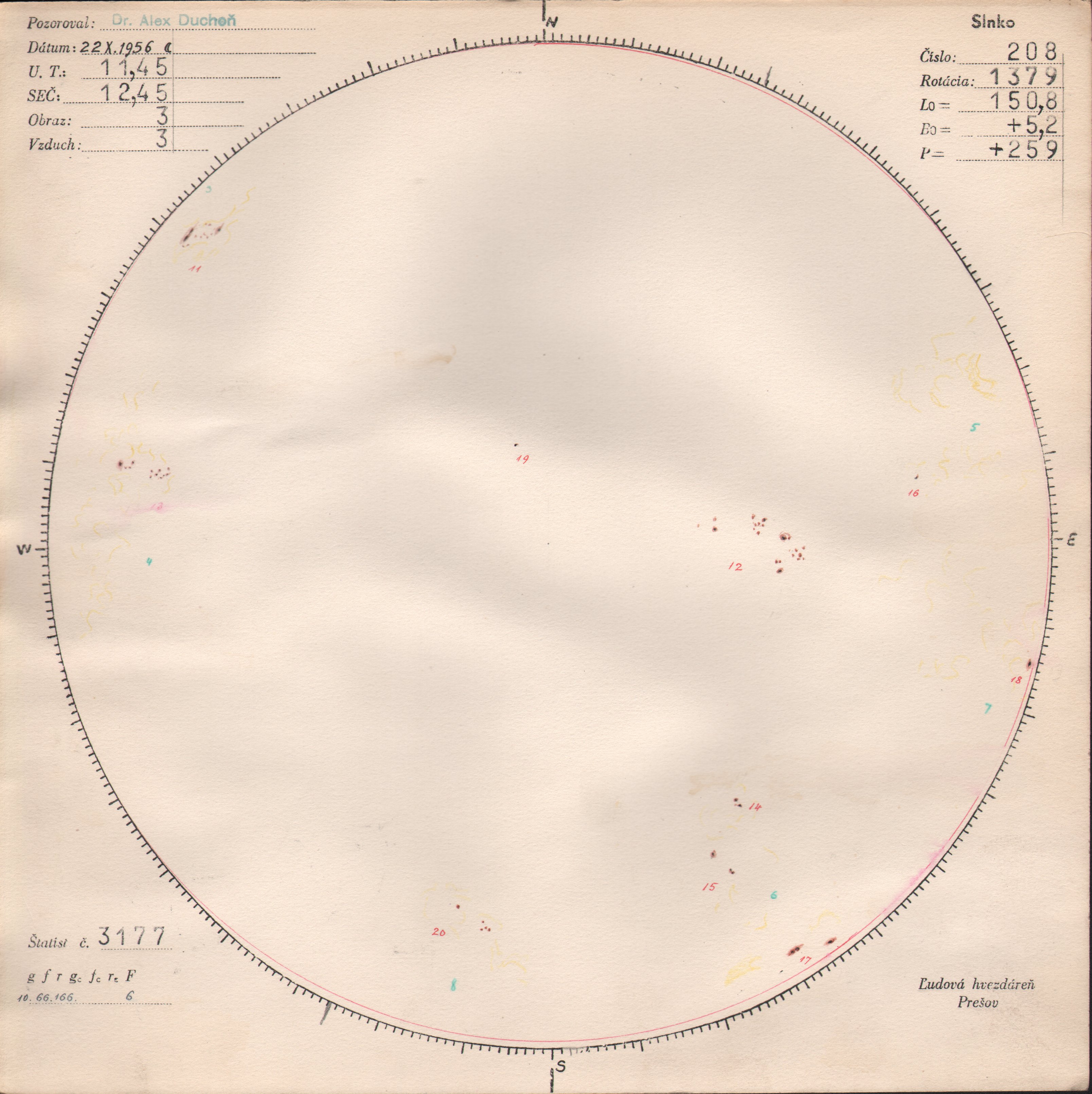 Obrázok zákresu Slnka na deň 22.10.1956