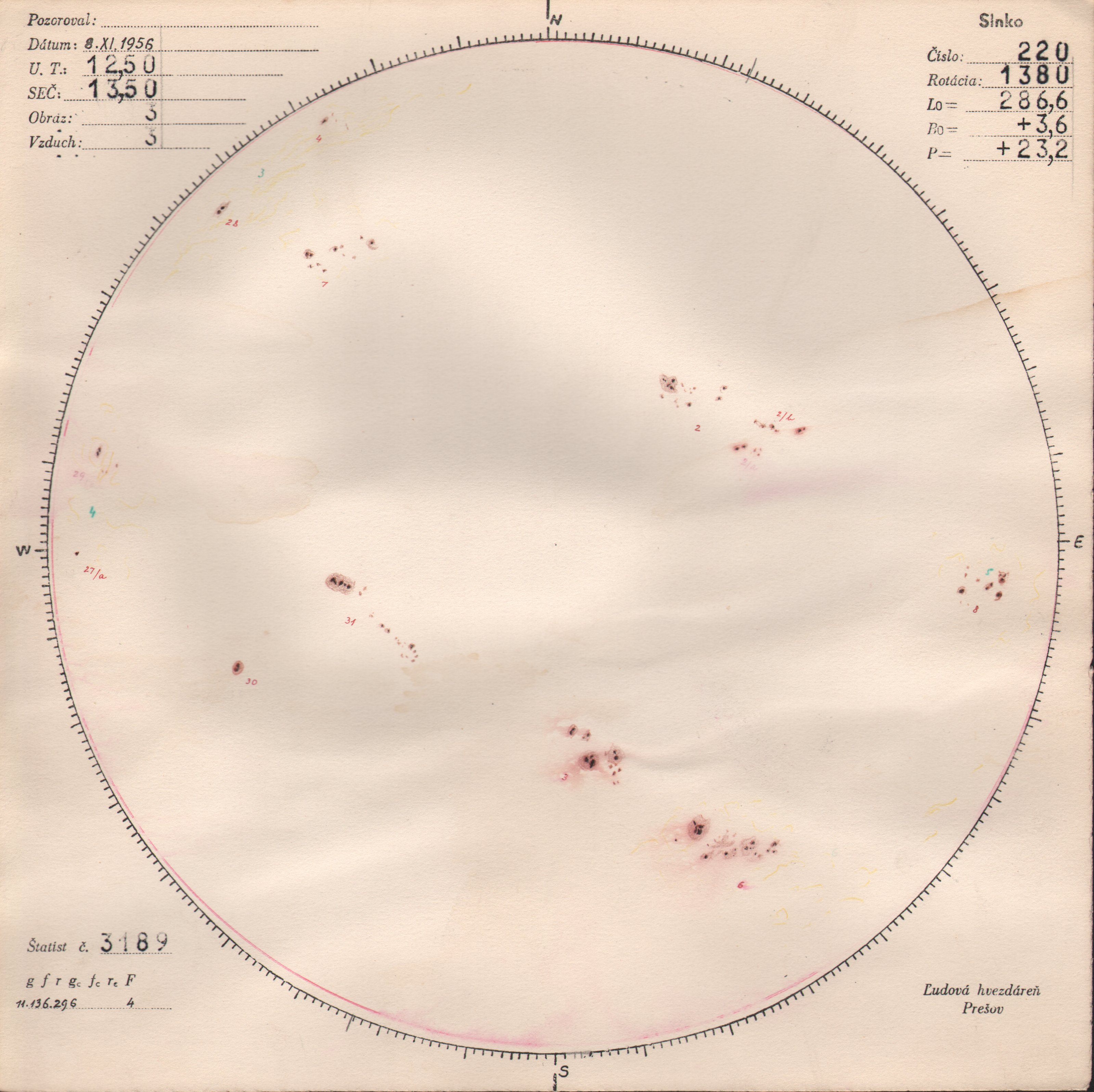 Obrázok zákresu Slnka na deň 08.11.1956