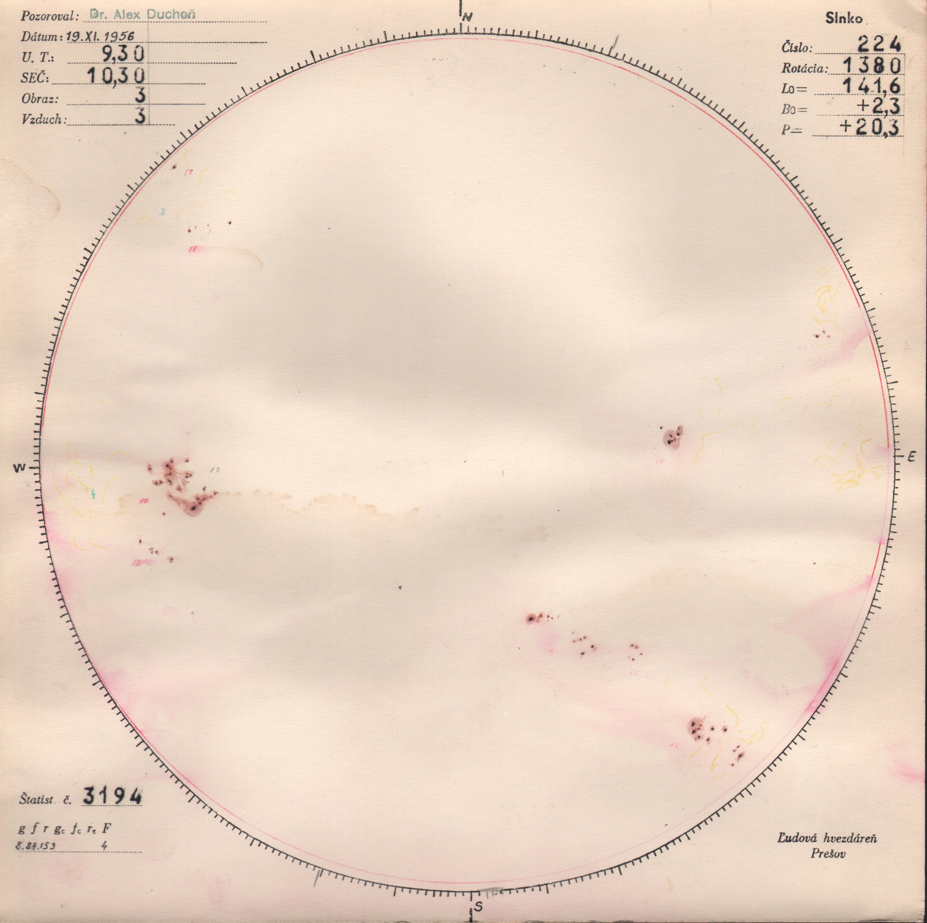 Obrázok zákresu Slnka na deň 19.11.1956