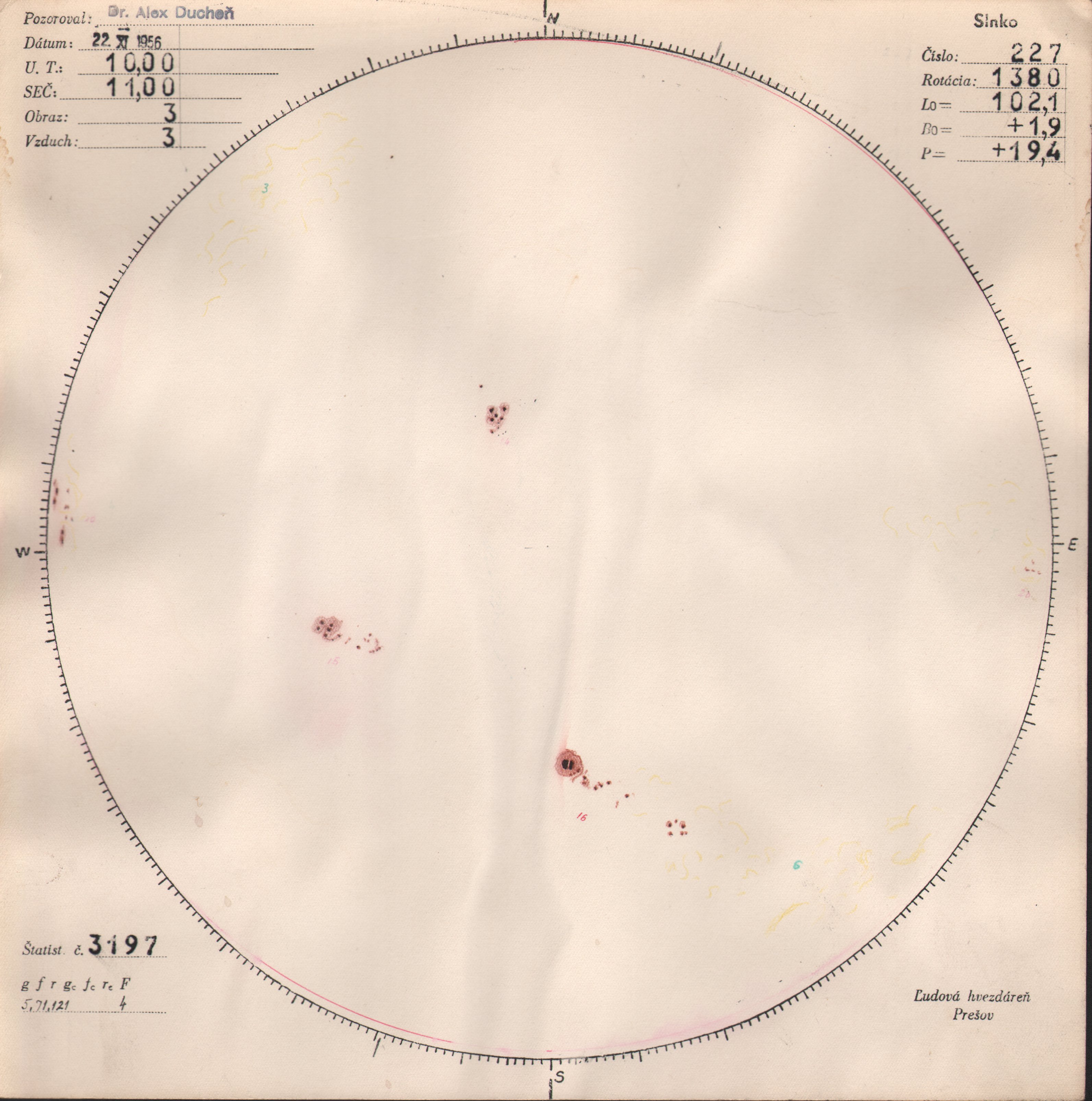 Obrázok zákresu Slnka na deň 22.11.1956