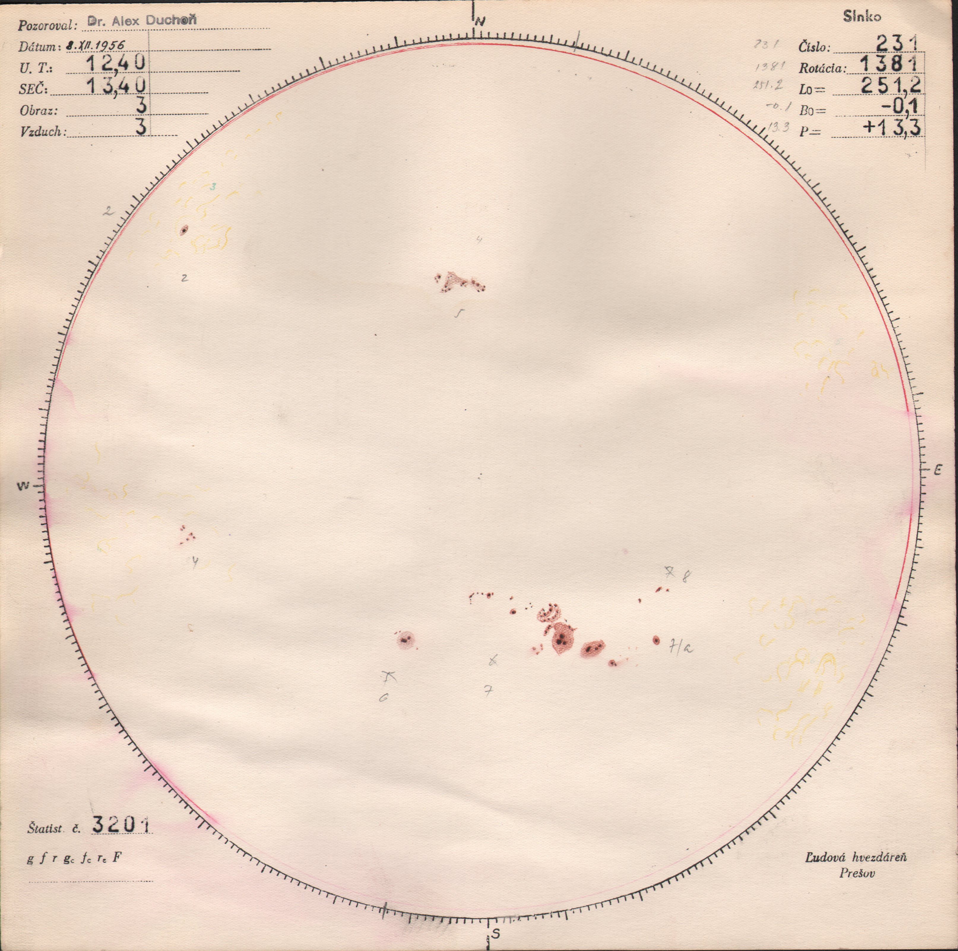 Obrázok zákresu Slnka na deň 08.12.1956