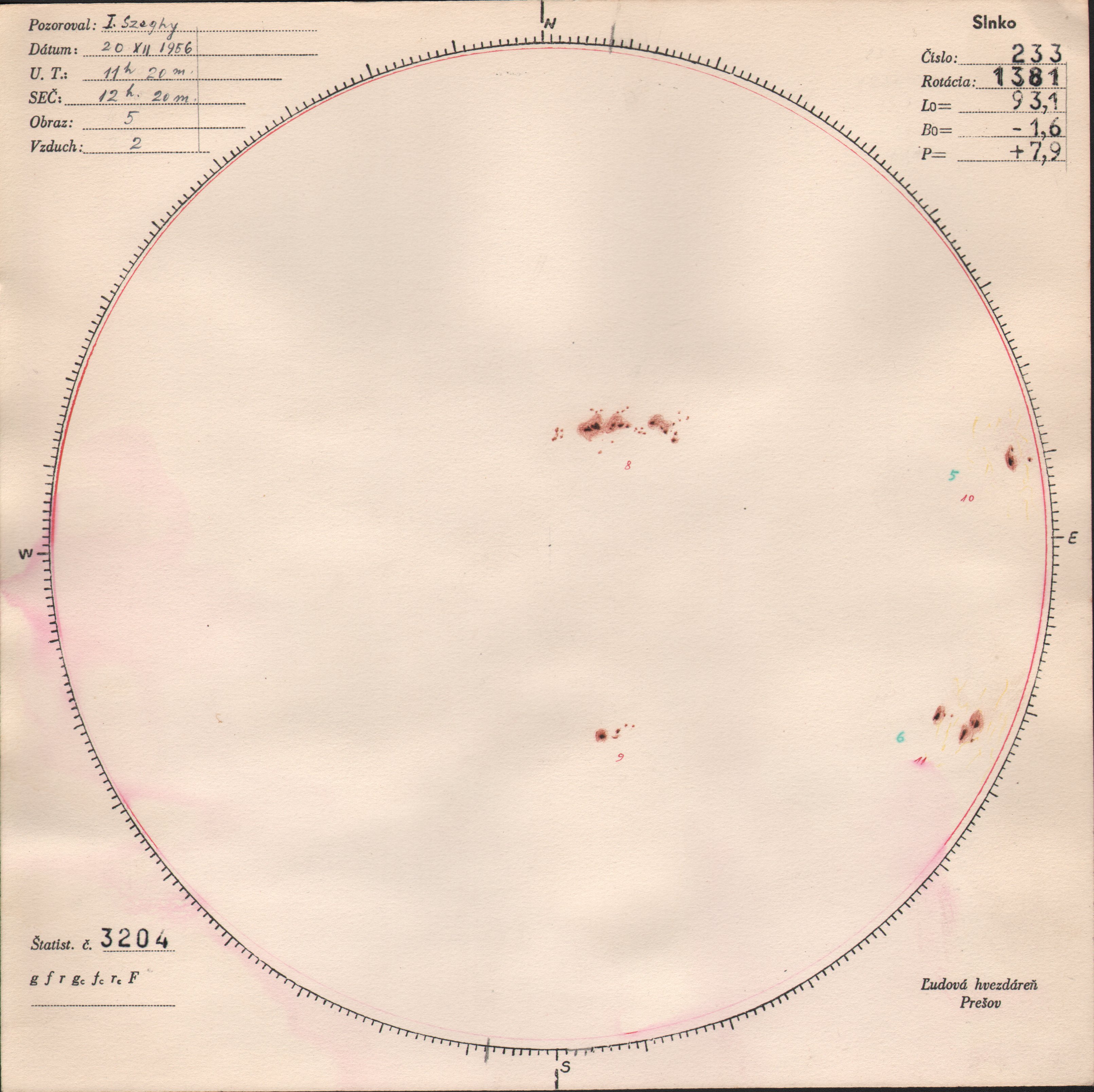 Obrázok zákresu Slnka na deň 20.12.1956