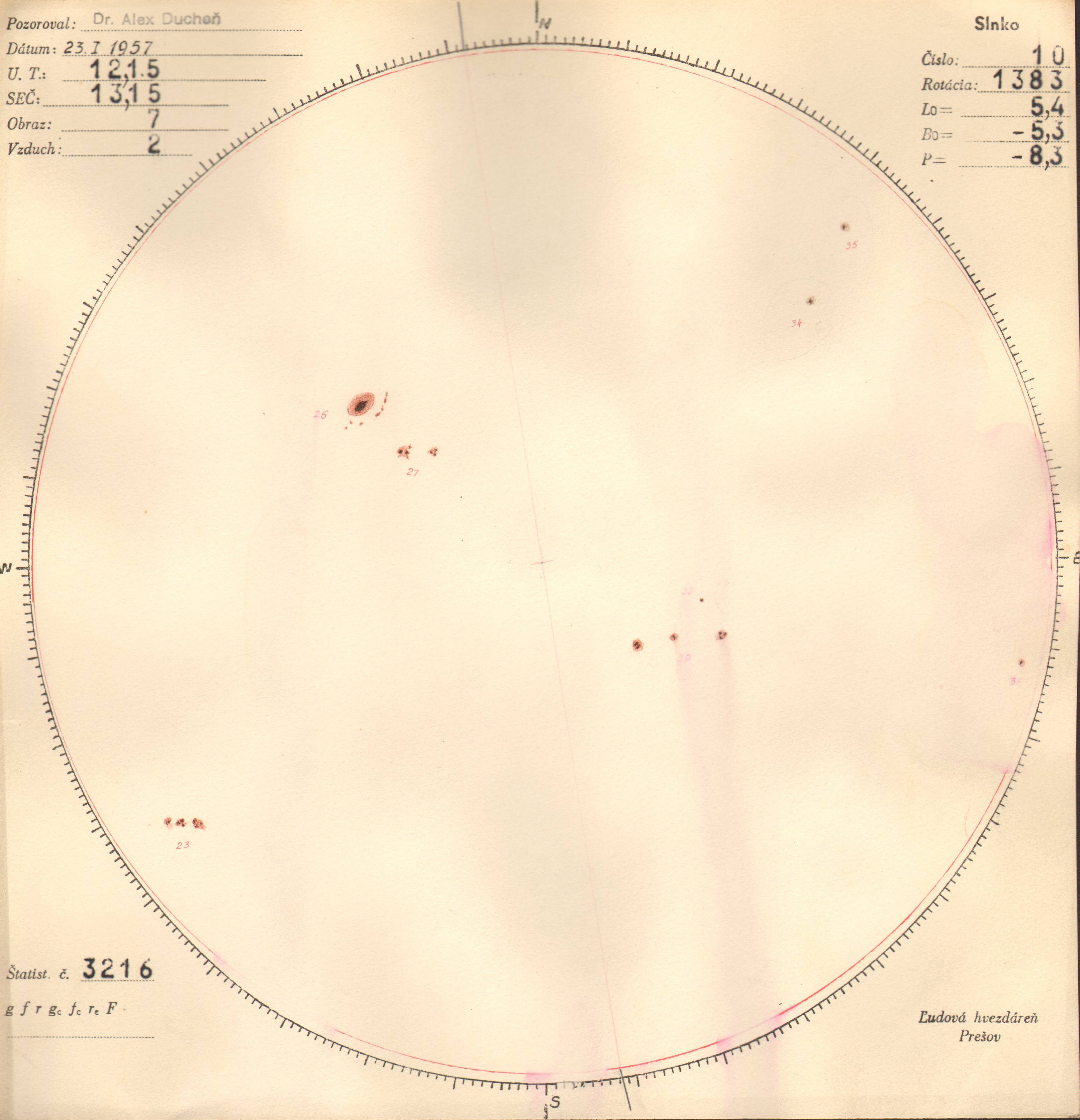 Obrázok zákresu Slnka na deň 23.01.1957