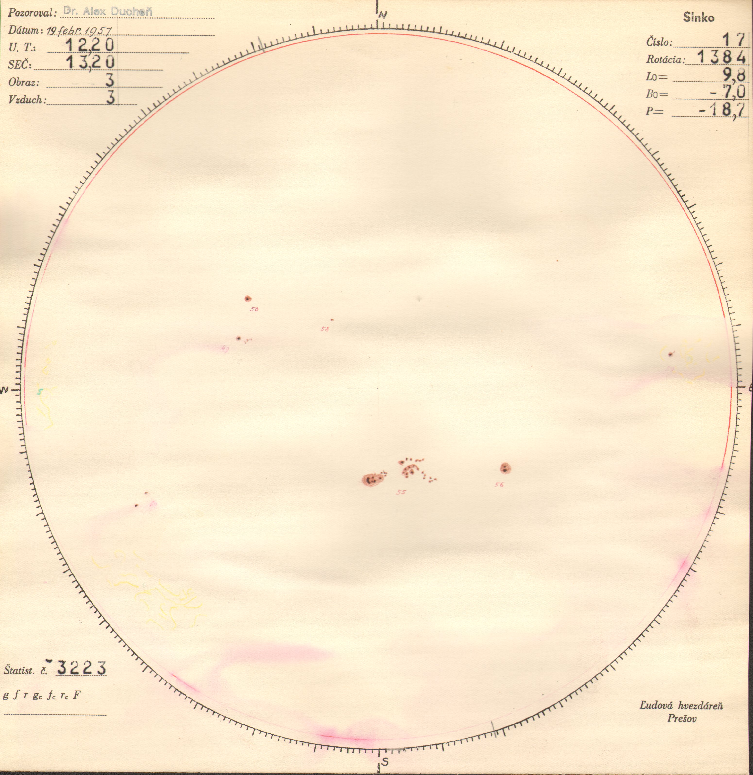 Obrázok zákresu Slnka na deň 19.02.1957