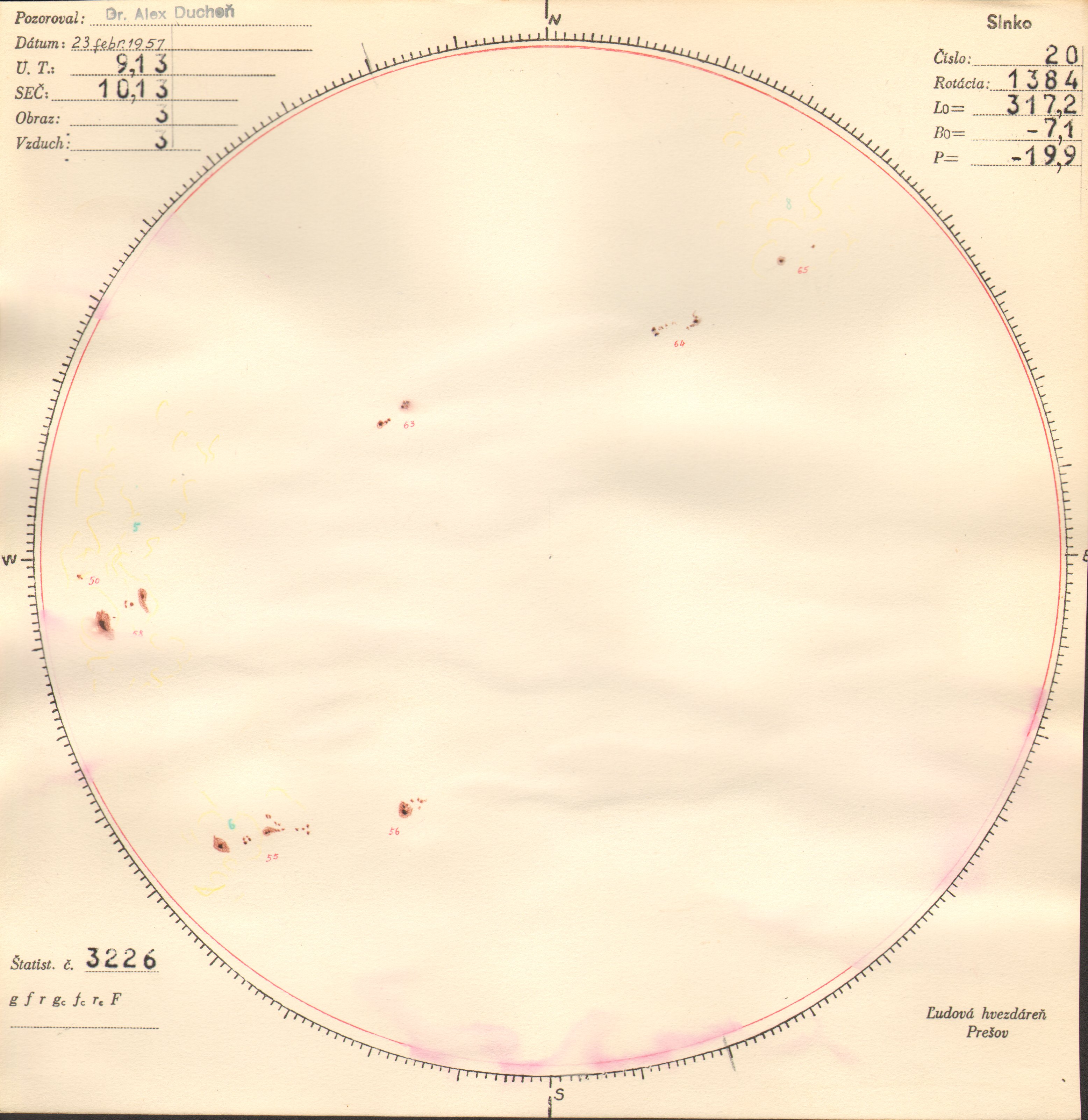 Obrázok zákresu Slnka na deň 23.02.1957
