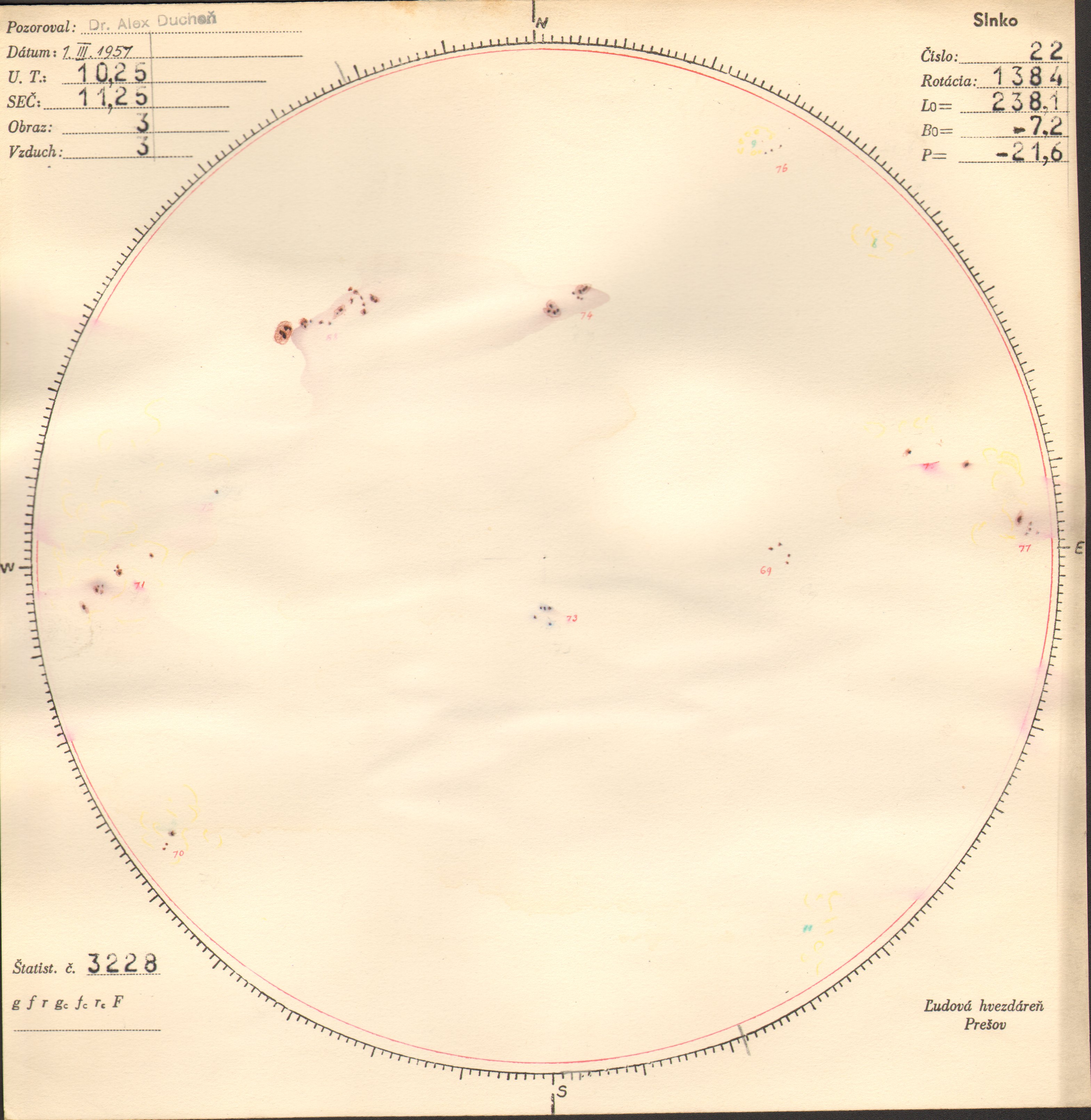 Obrázok zákresu Slnka na deň 01.03.1957