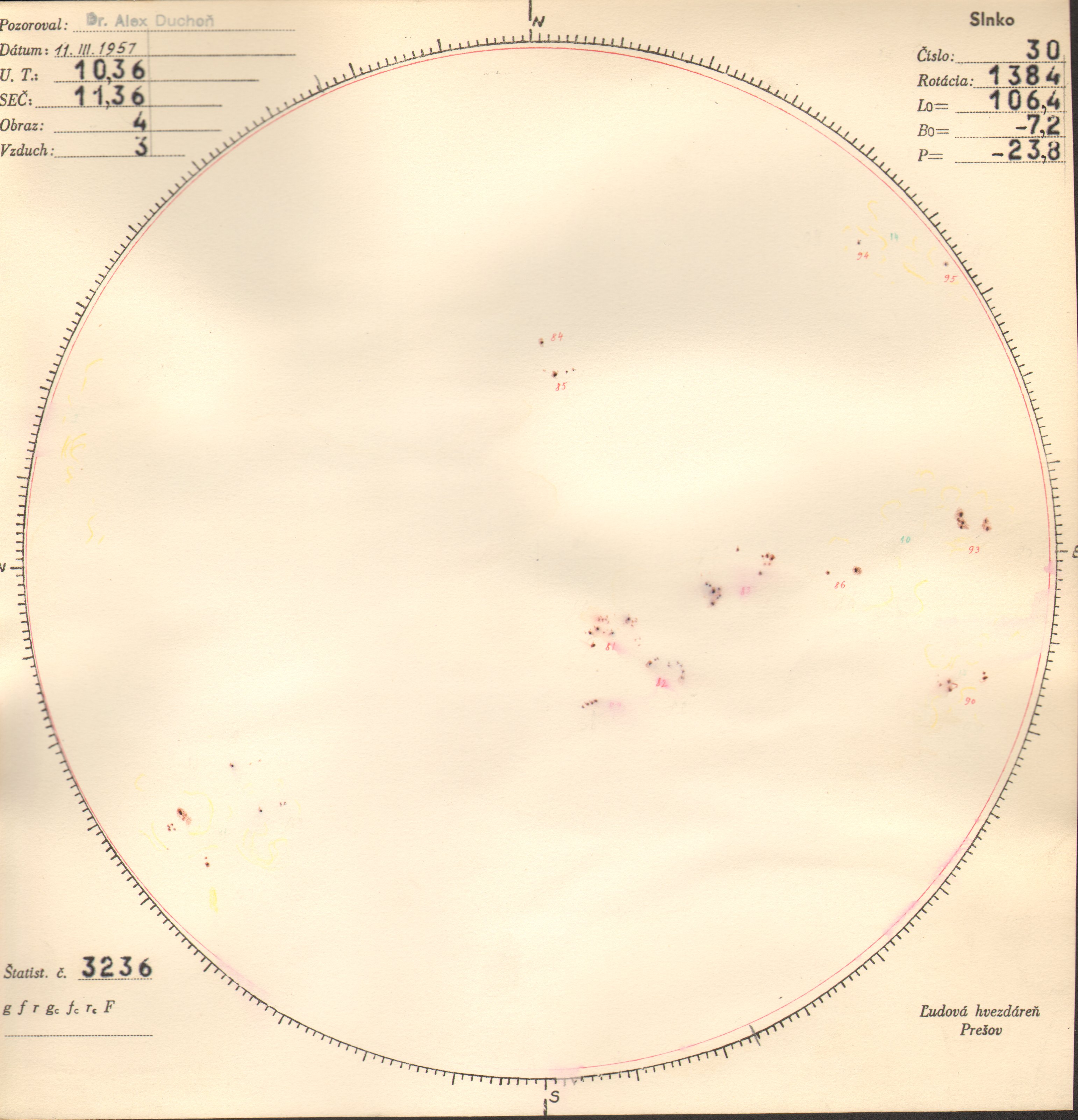 Obrázok zákresu Slnka na deň 11.03.1957