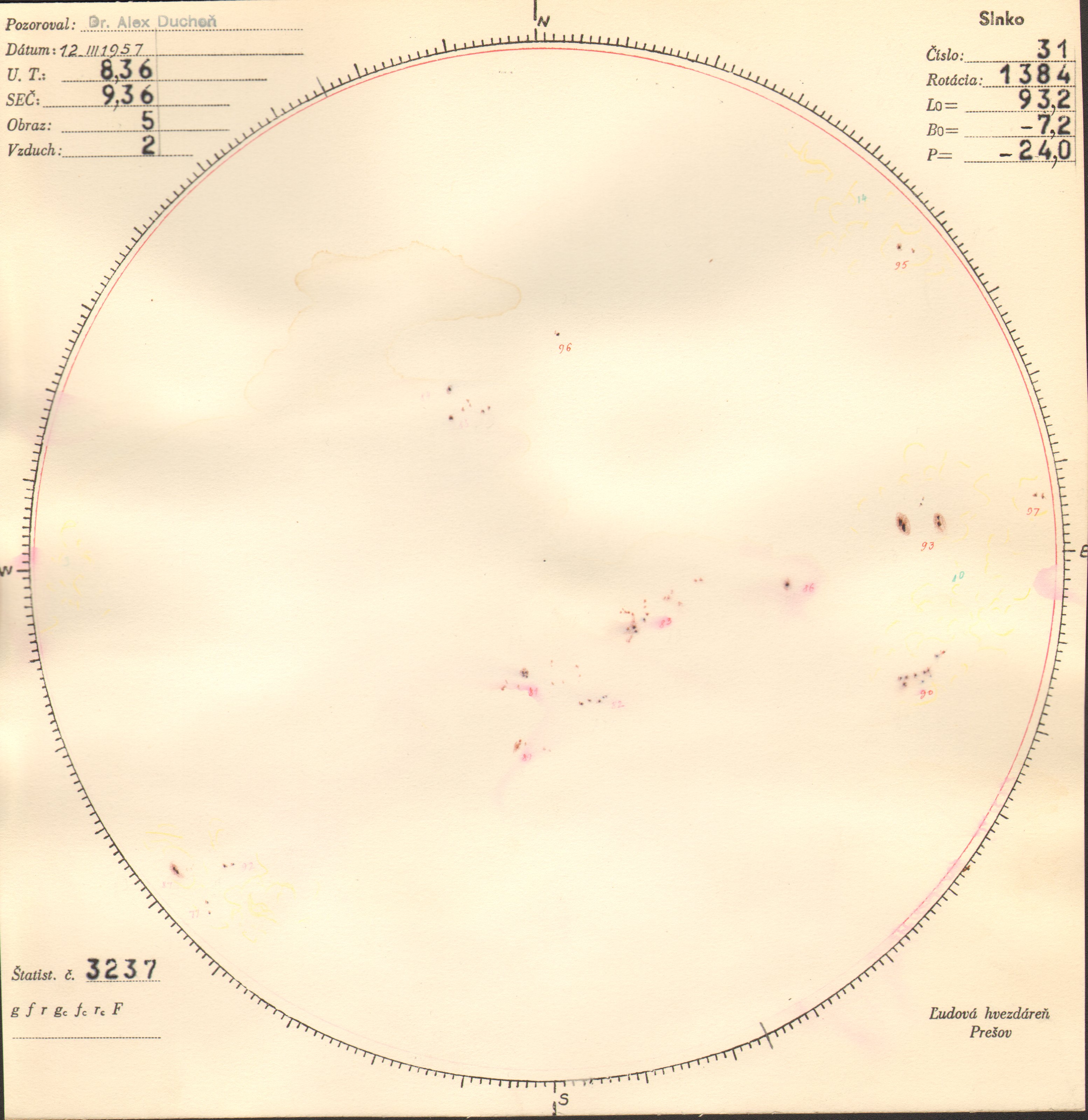 Obrázok zákresu Slnka na deň 12.03.1957