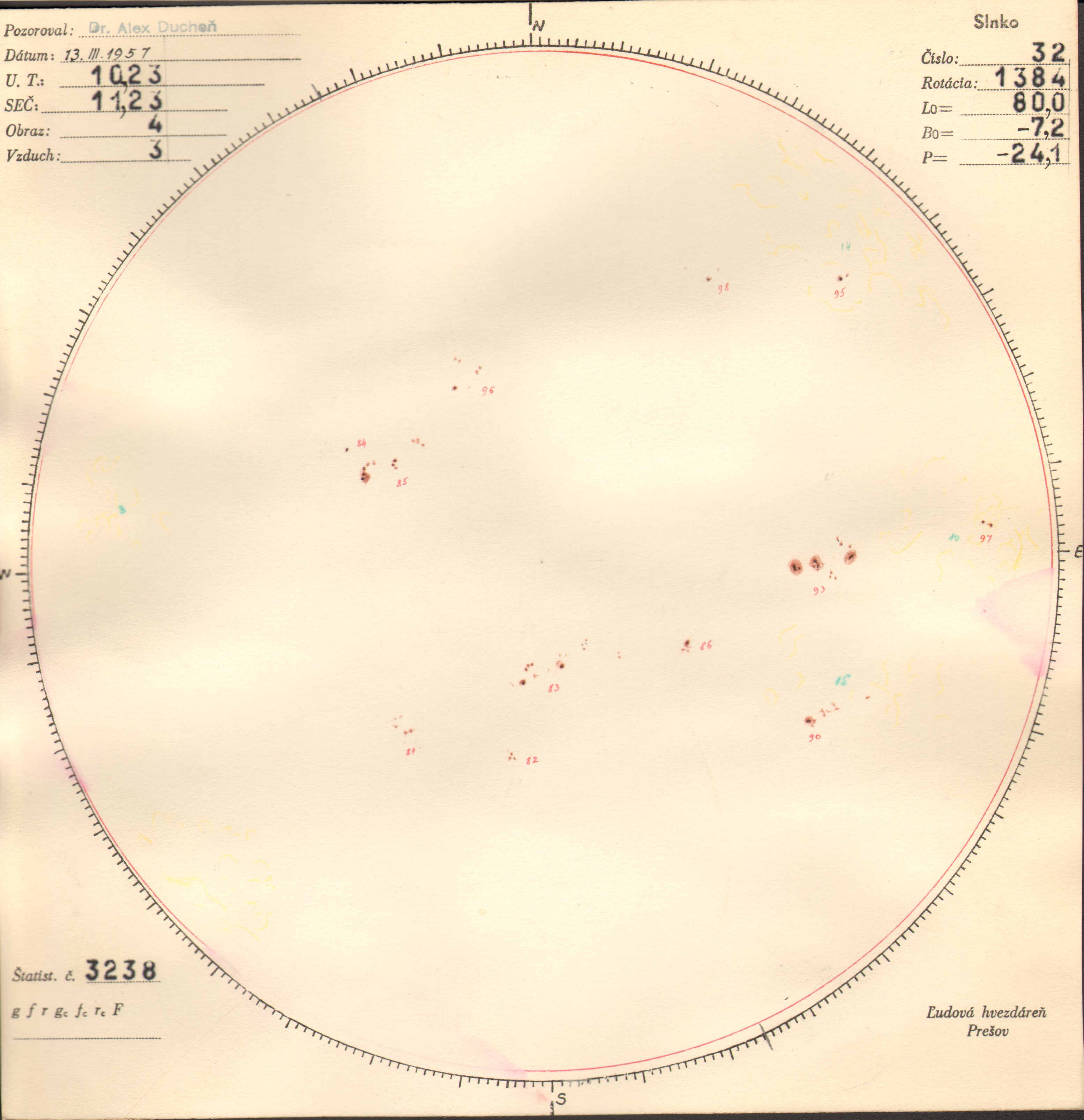 Obrázok zákresu Slnka na deň 13.03.1957
