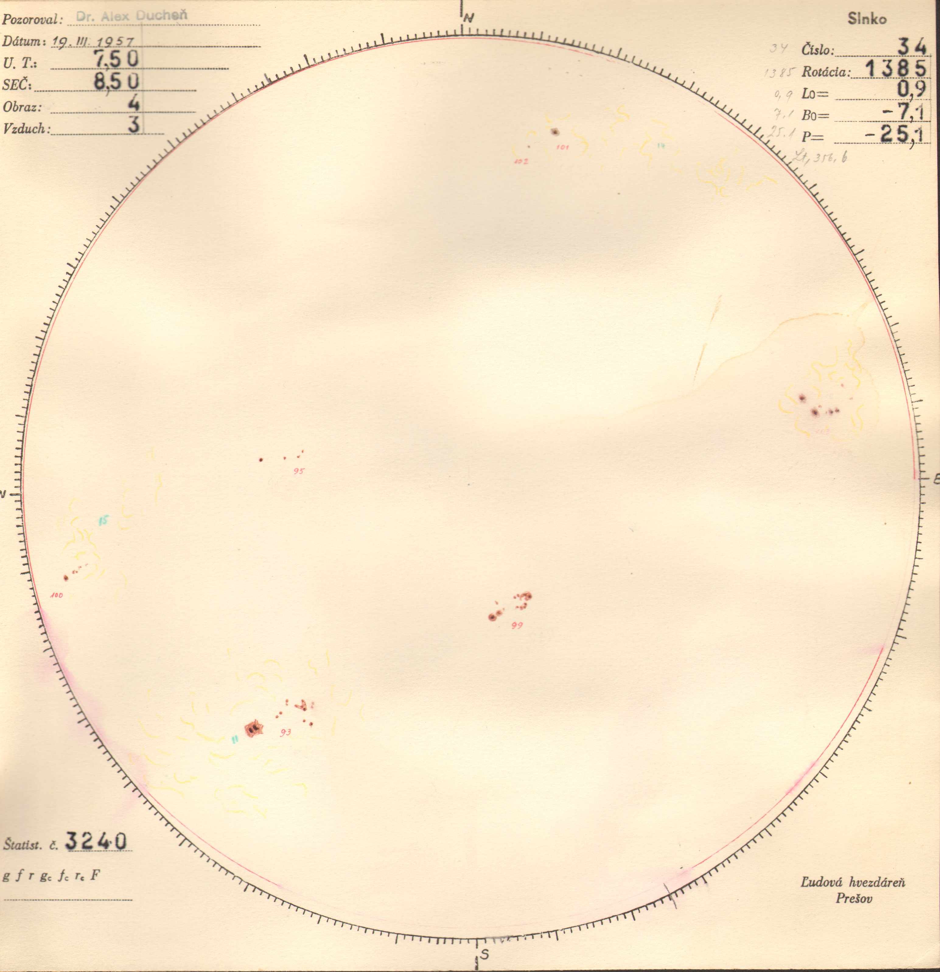 Obrázok zákresu Slnka na deň 19.03.1957