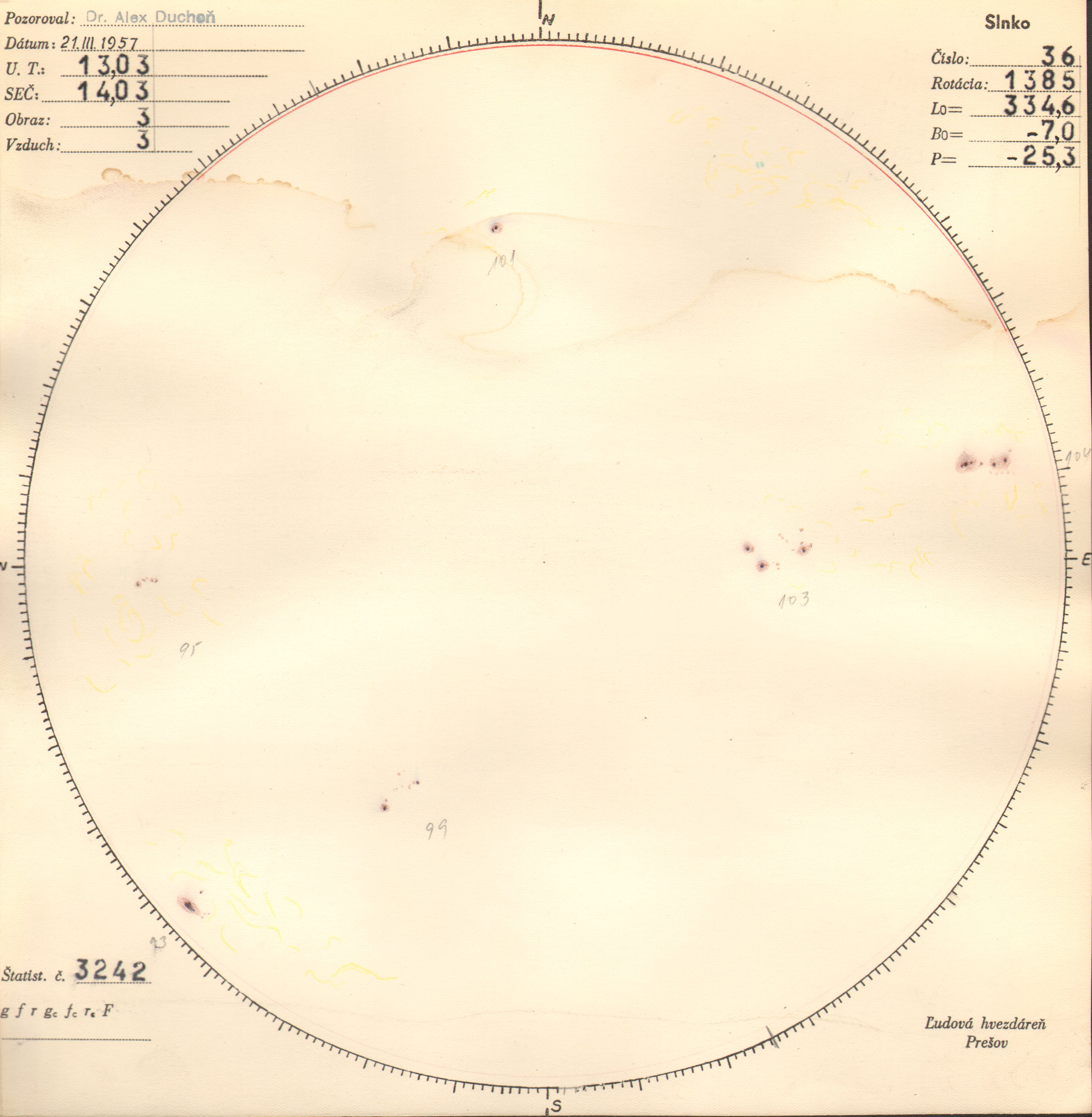 Obrázok zákresu Slnka na deň 21.03.1957