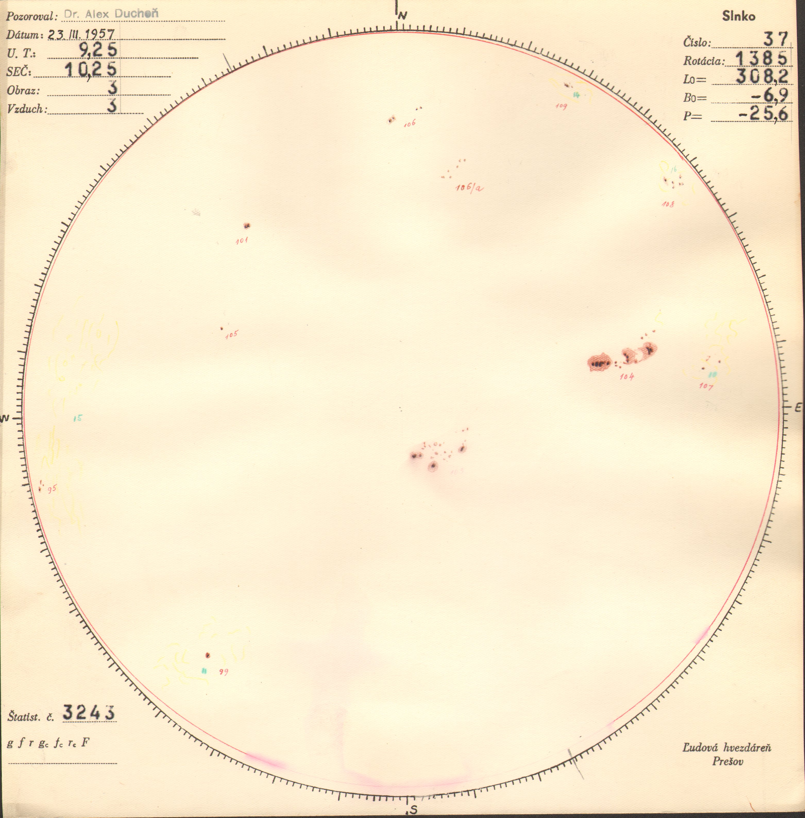 Obrázok zákresu Slnka na deň 23.03.1957