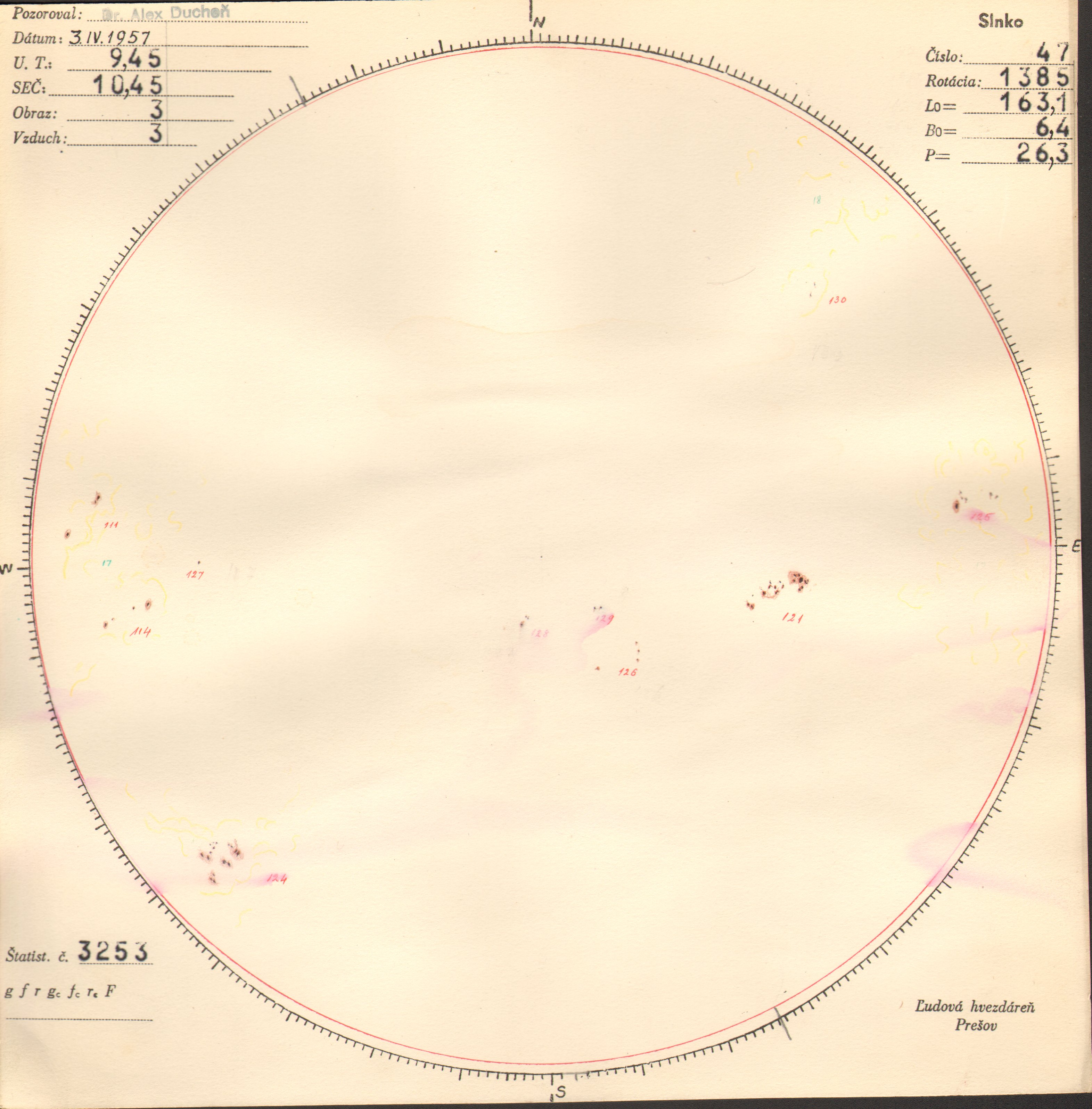 Obrázok zákresu Slnka na deň 03.04.1957