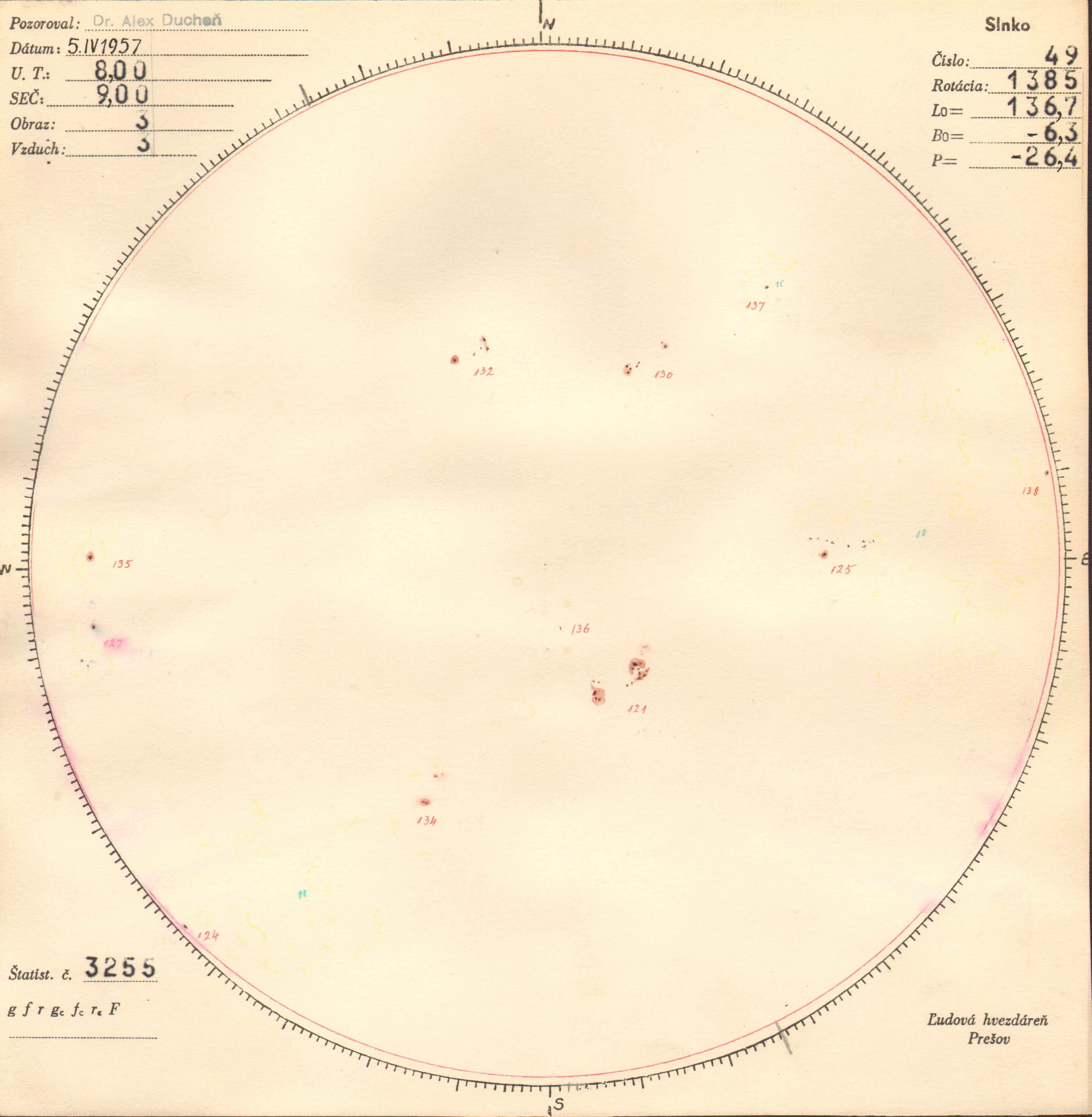 Obrázok zákresu Slnka na deň 05.04.1957