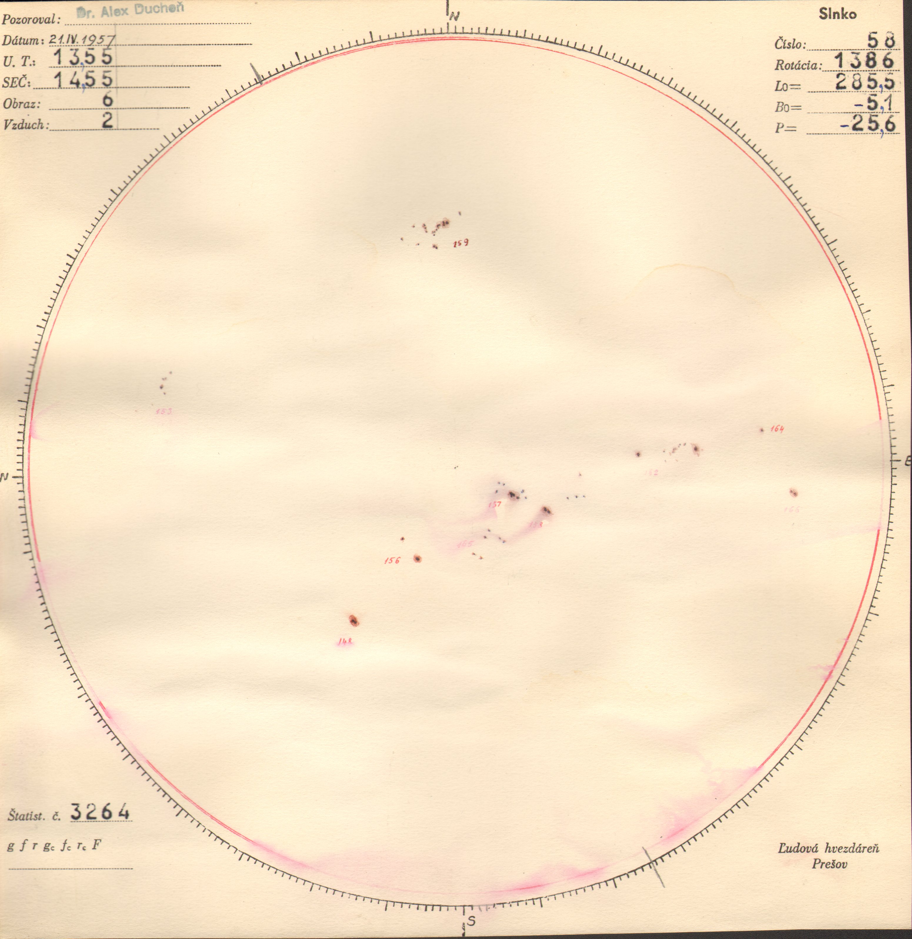 Obrázok zákresu Slnka na deň 21.04.1957
