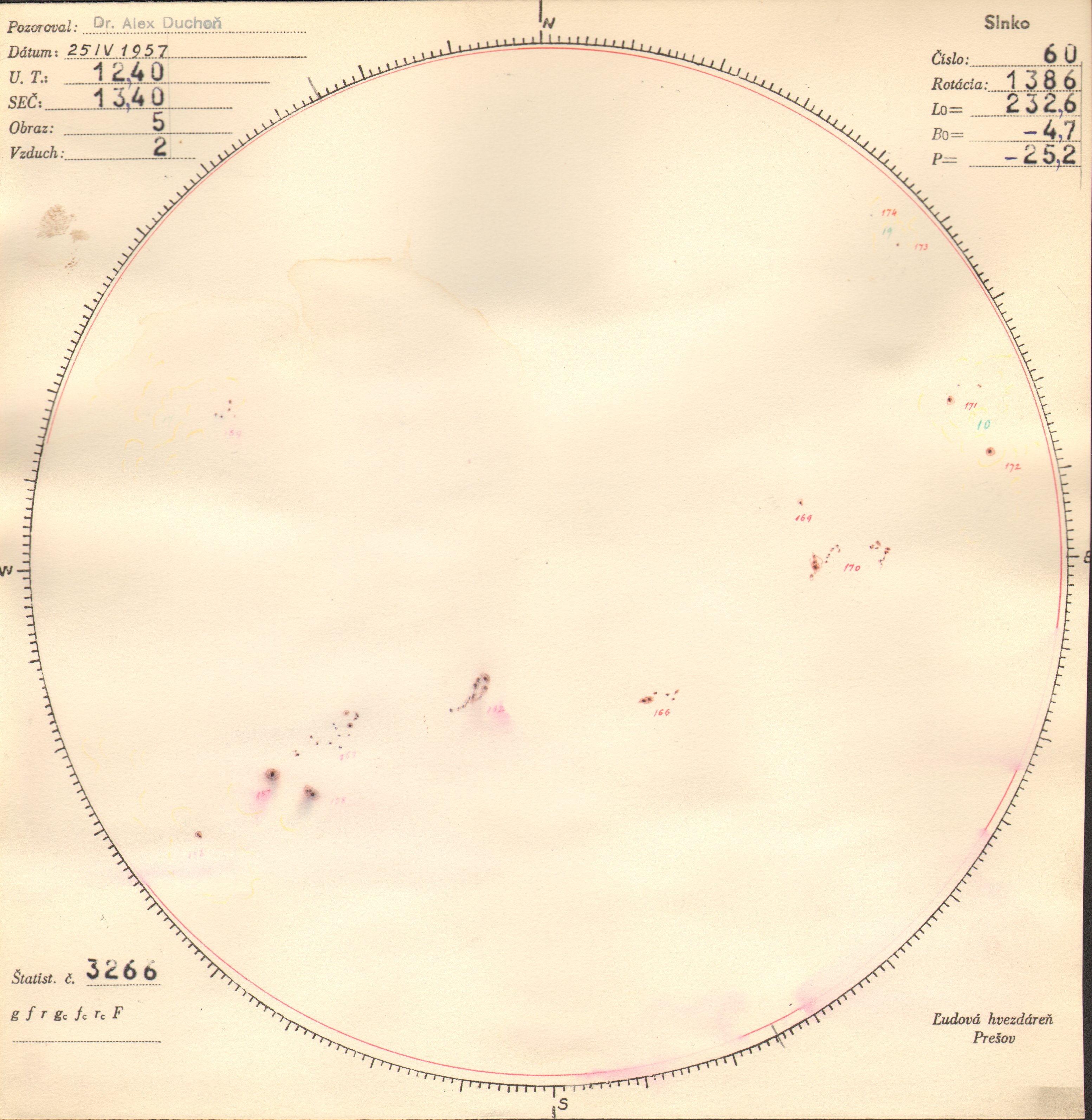 Obrázok zákresu Slnka na deň 25.04.1957