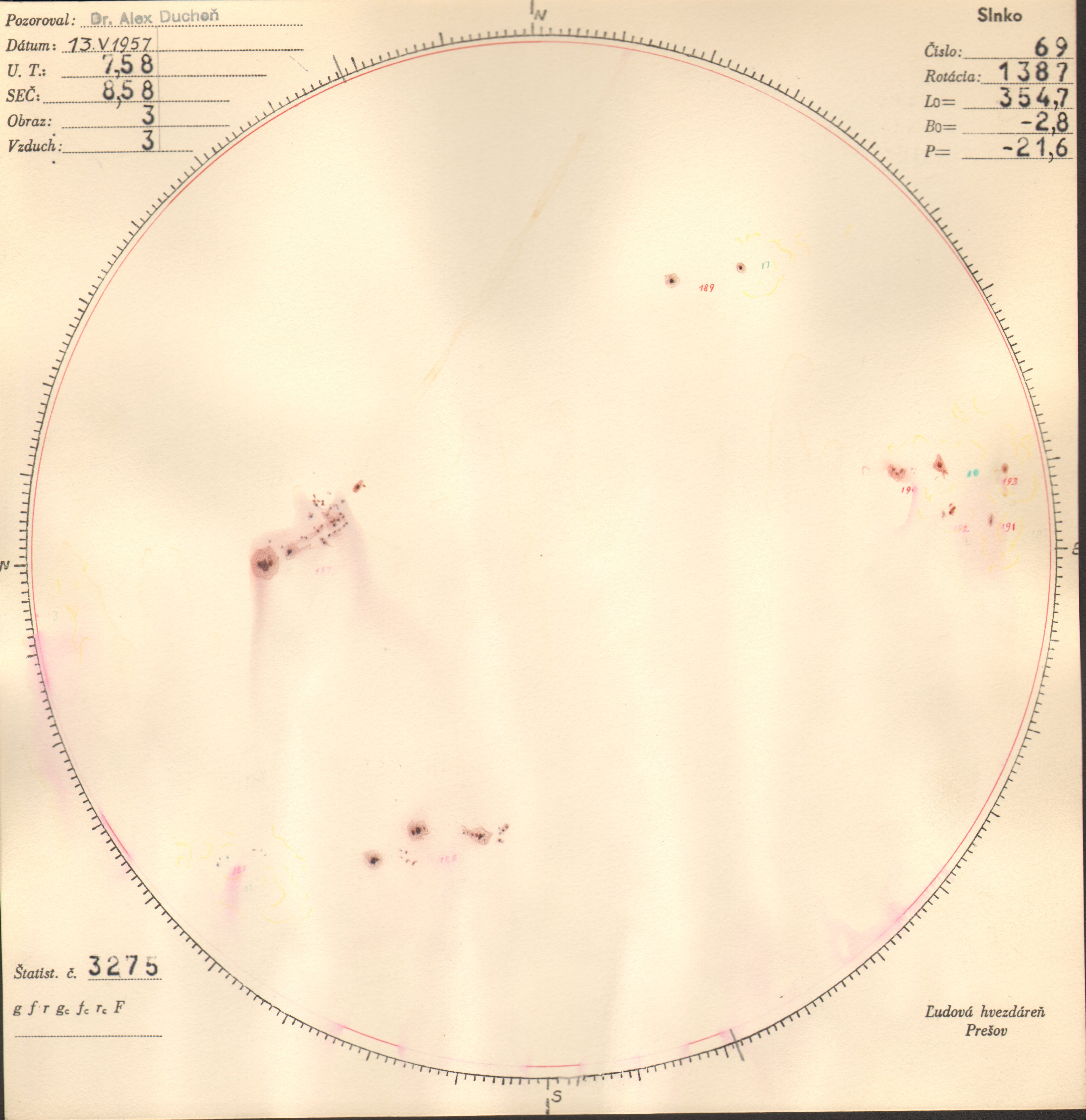 Obrázok zákresu Slnka na deň 13.05.1957