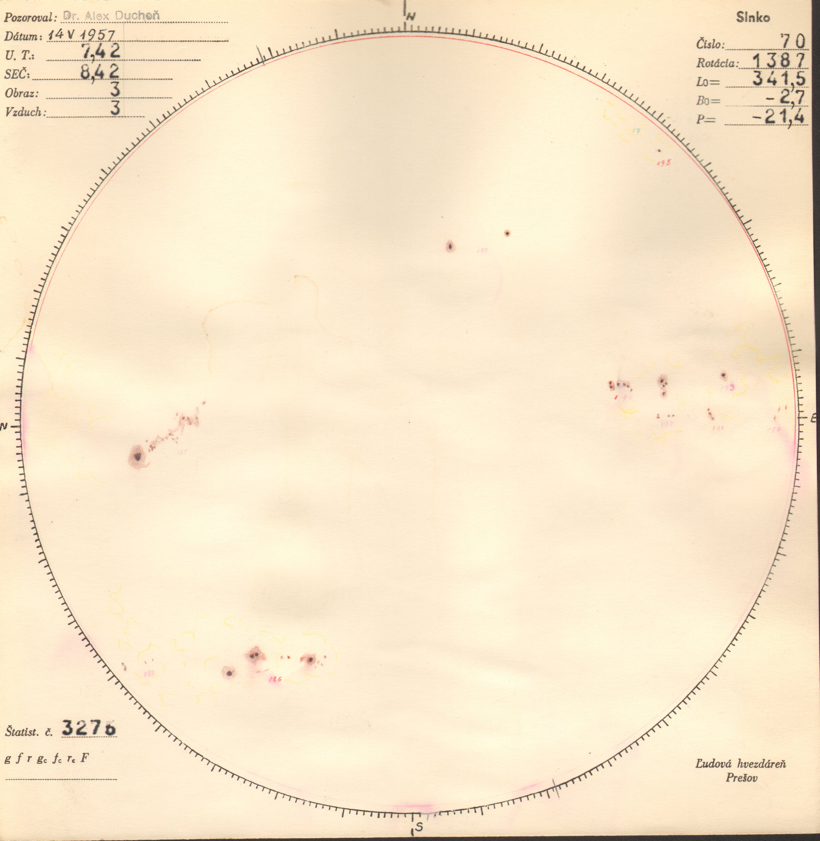 Obrázok zákresu Slnka na deň 14.05.1957