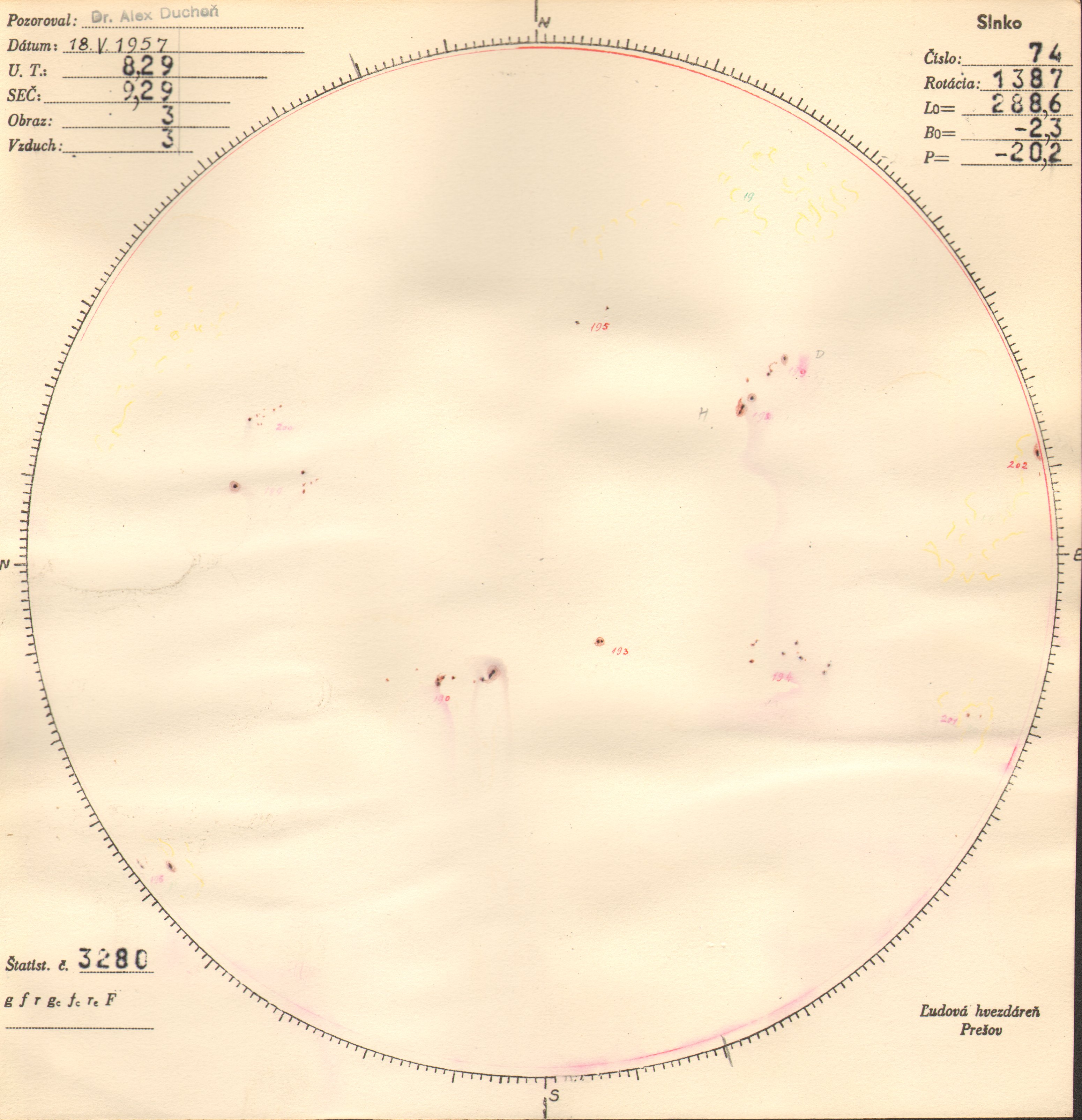 Obrázok zákresu Slnka na deň 18.05.1957