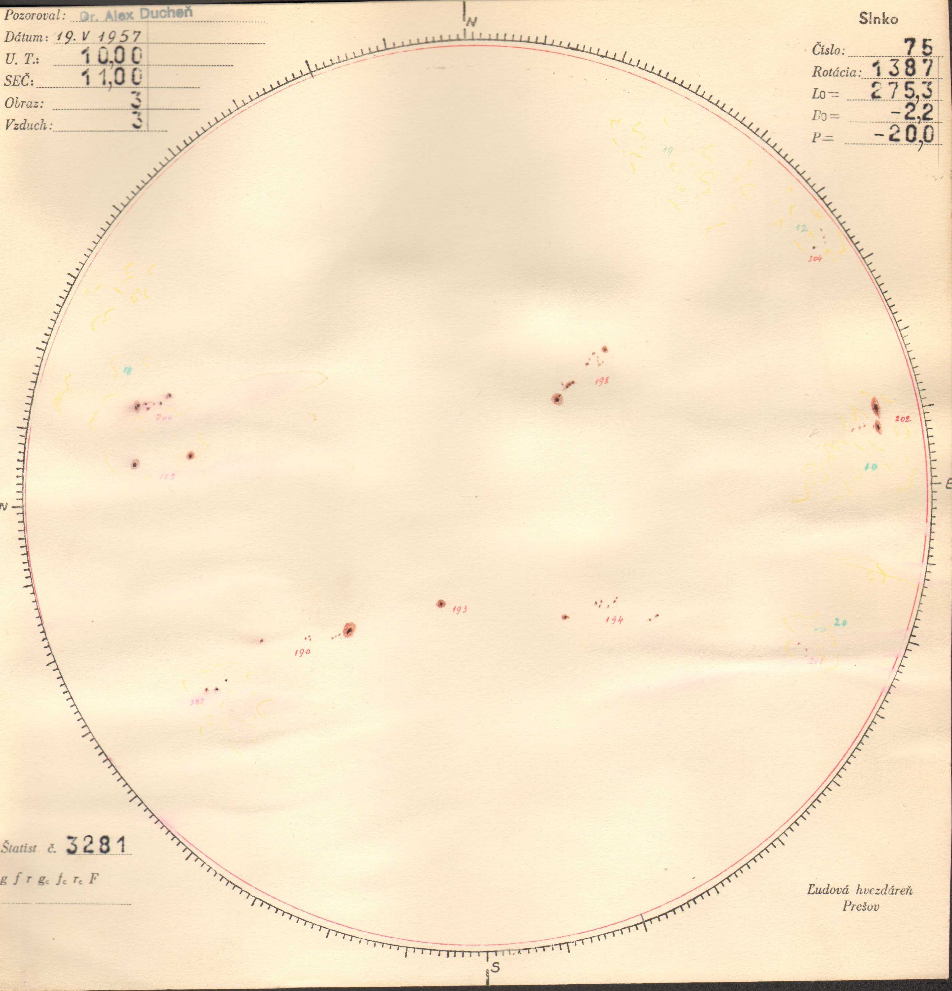 Obrázok zákresu Slnka na deň 19.05.1957
