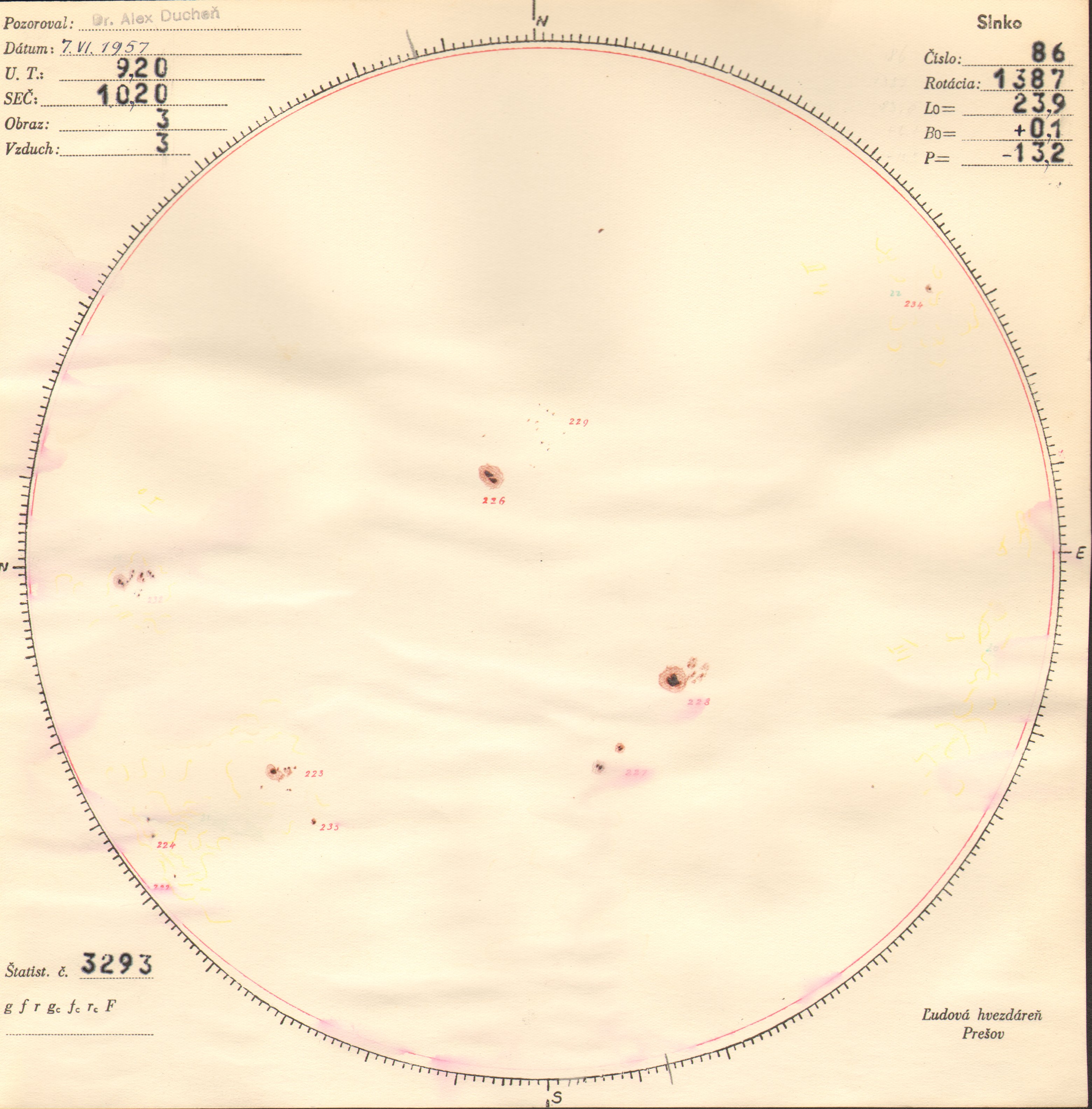 Obrázok zákresu Slnka na deň 07.06.1957