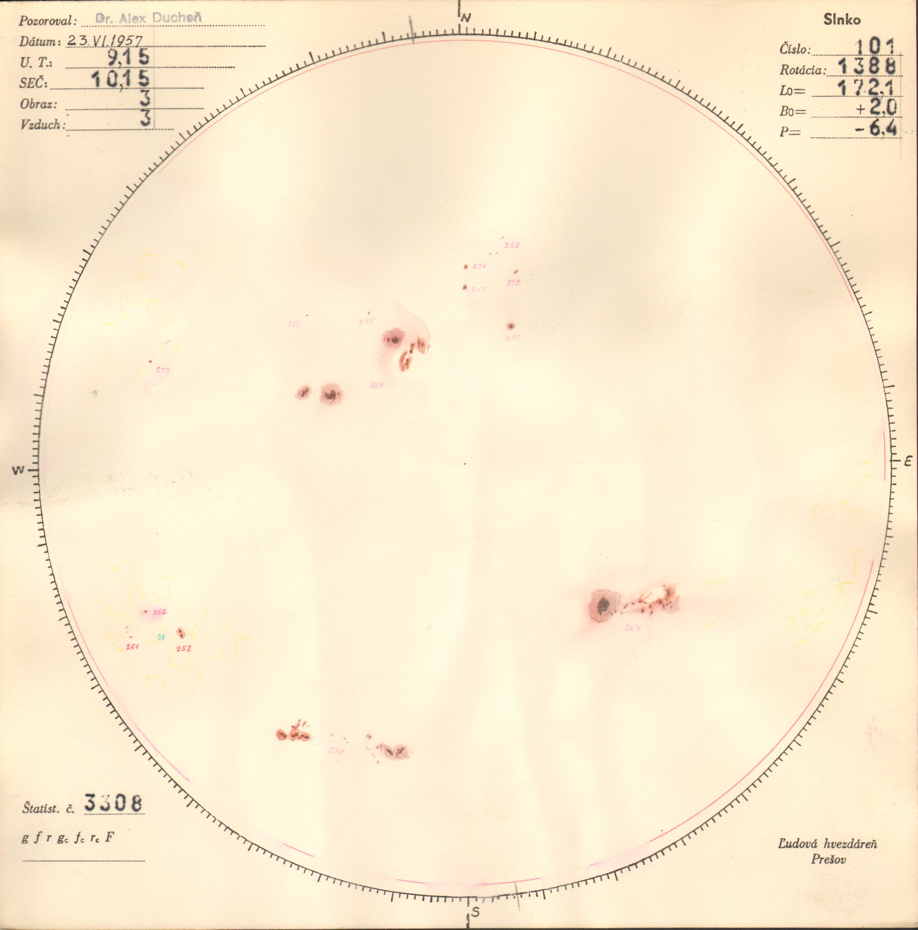 Obrázok zákresu Slnka na deň 23.06.1957